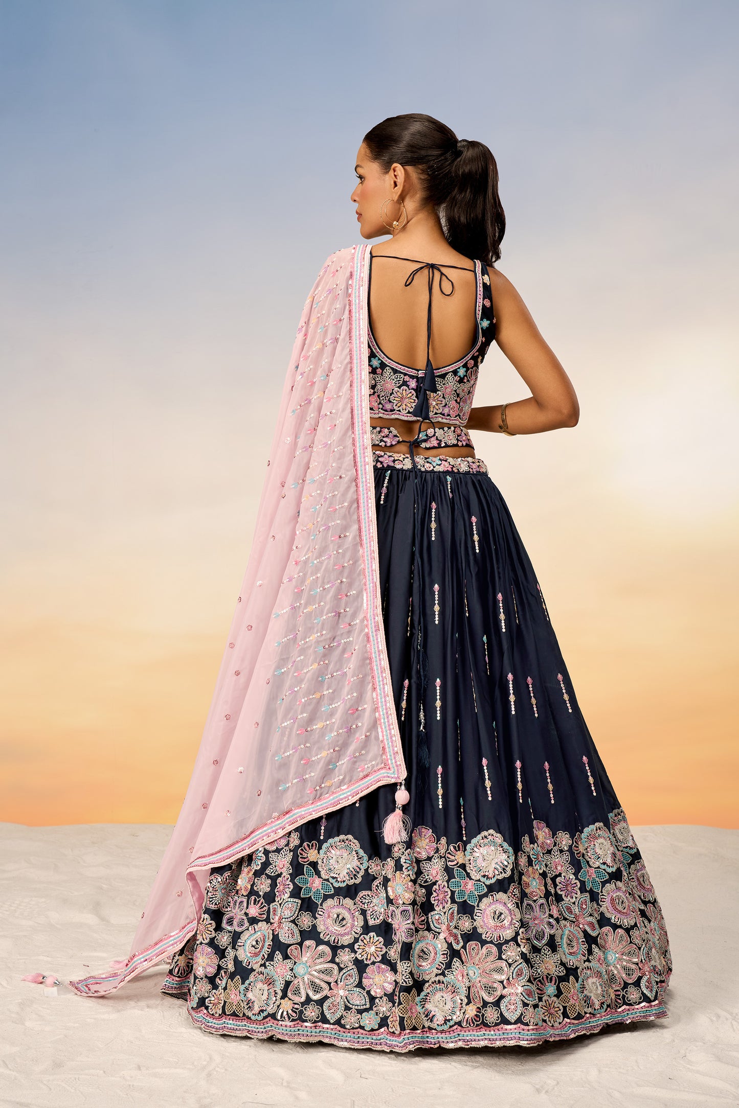 Navy Blue Satin Silk Sequins with heavy Sequins embroidery Lehenga choli