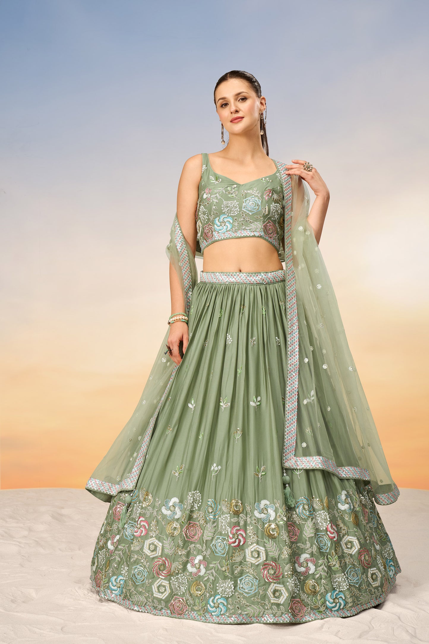 Lime green Pure Georgette Sequins embroidery Lehenga Choli