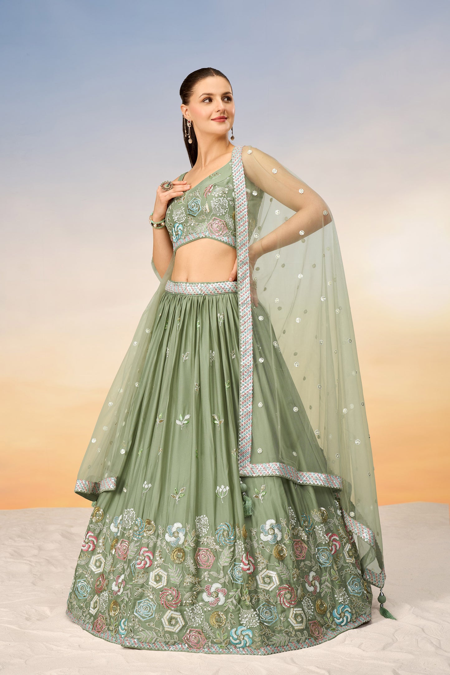 Lime green Pure Georgette Sequins embroidery Lehenga Choli