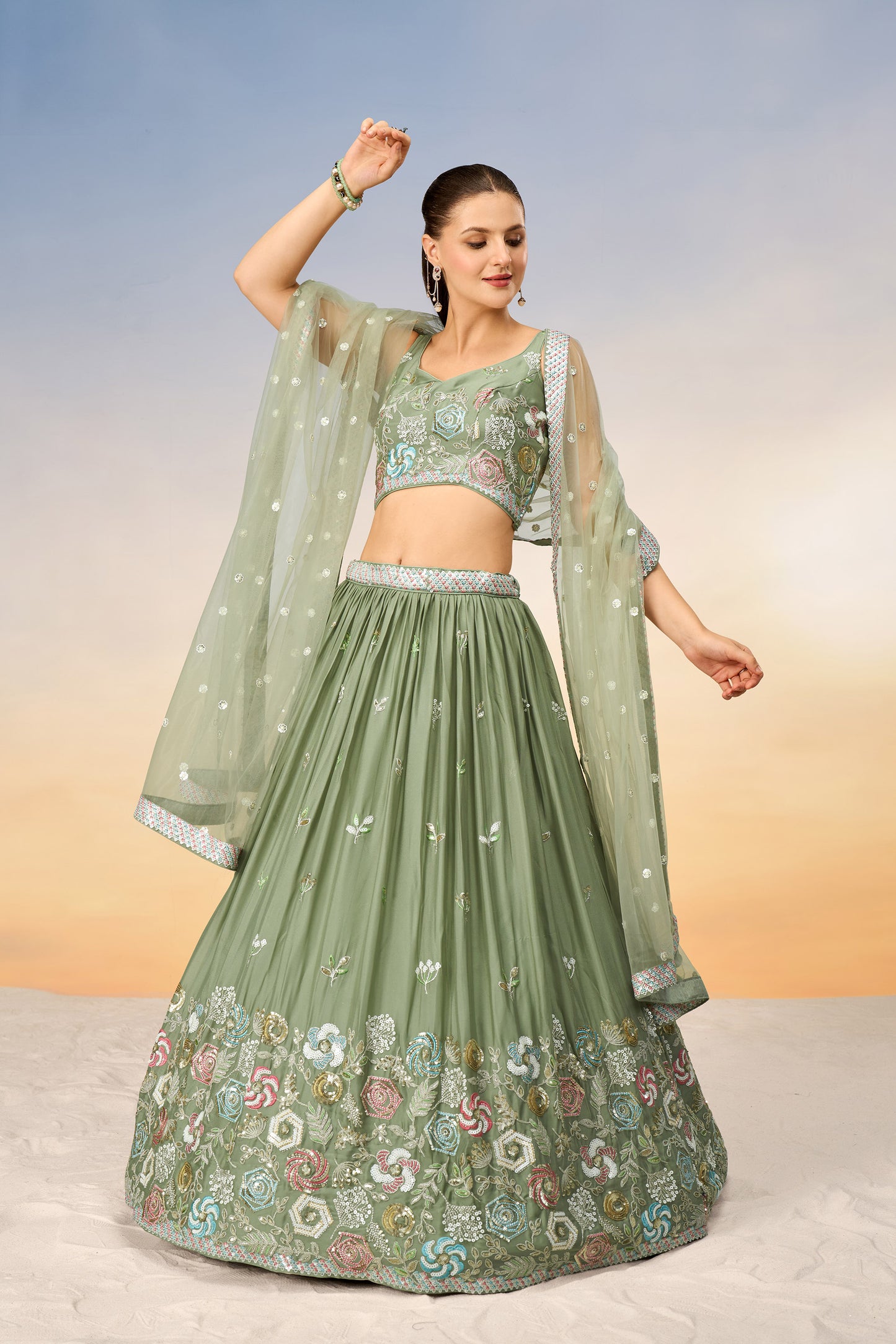 Lime green Pure Georgette Sequins embroidery Lehenga Choli