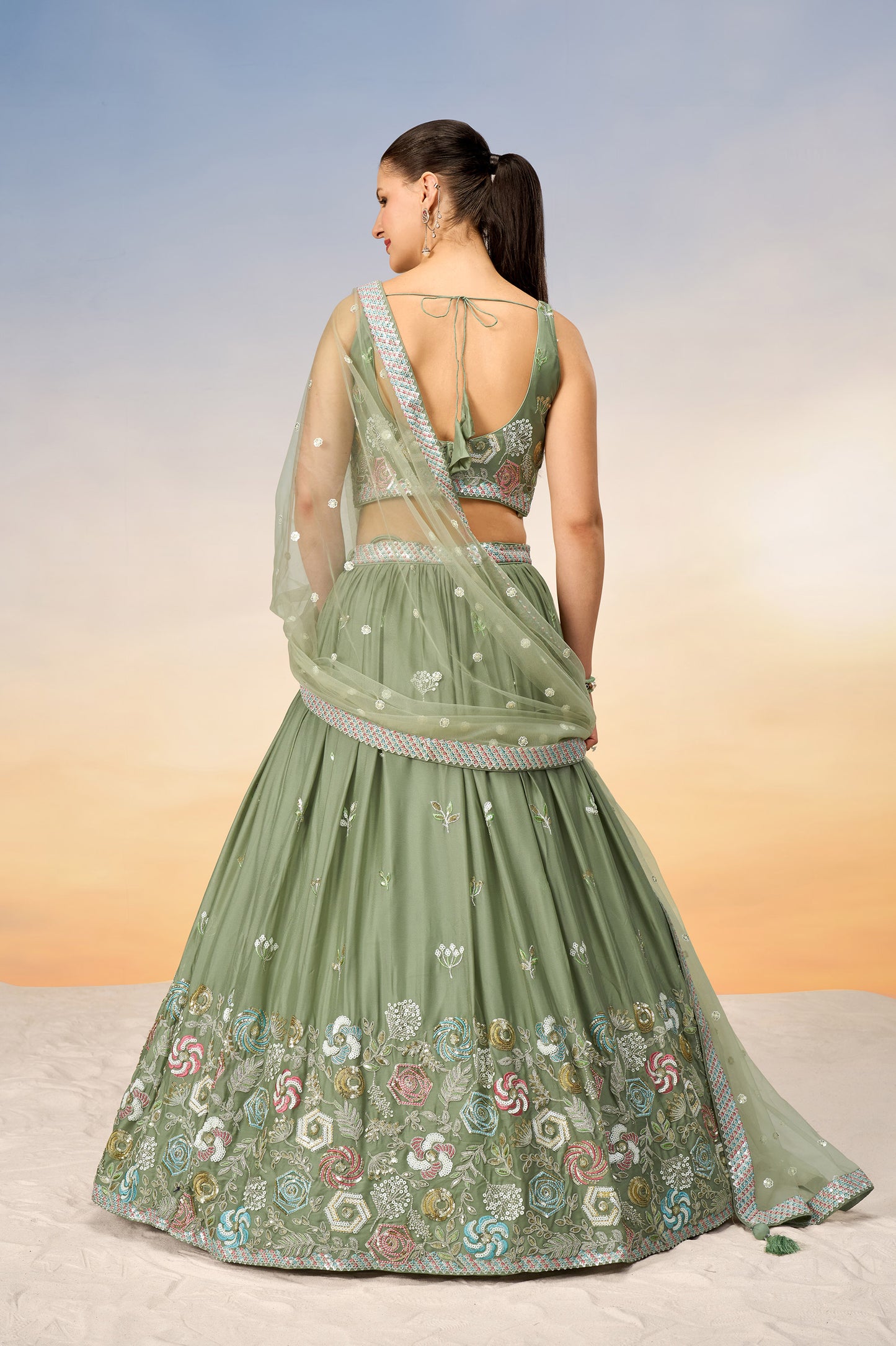 Lime green Pure Georgette Sequins embroidery Lehenga Choli