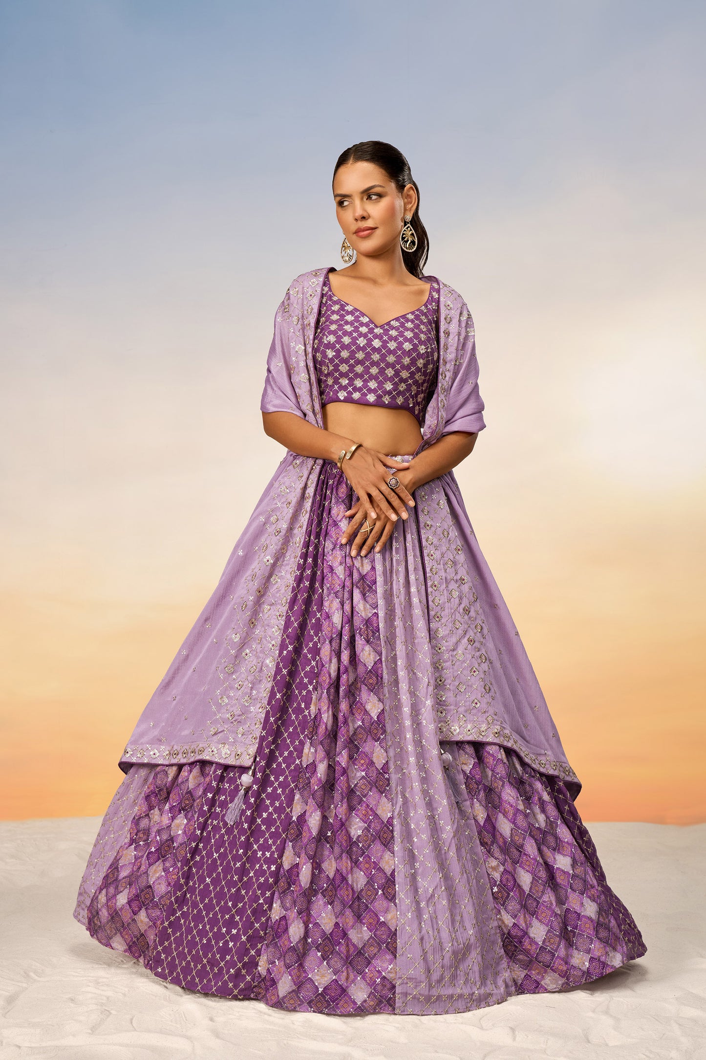 Lavender Pure Chiffon position print with Sequins embroidery Lehenga Choli