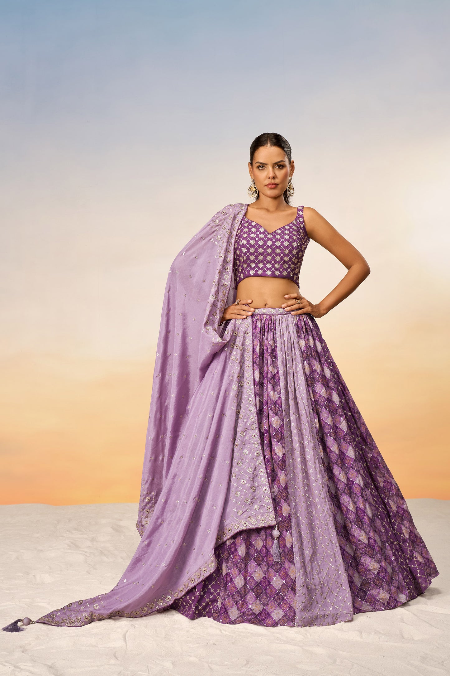 Lavender Pure Chiffon position print with Sequins embroidery Lehenga Choli