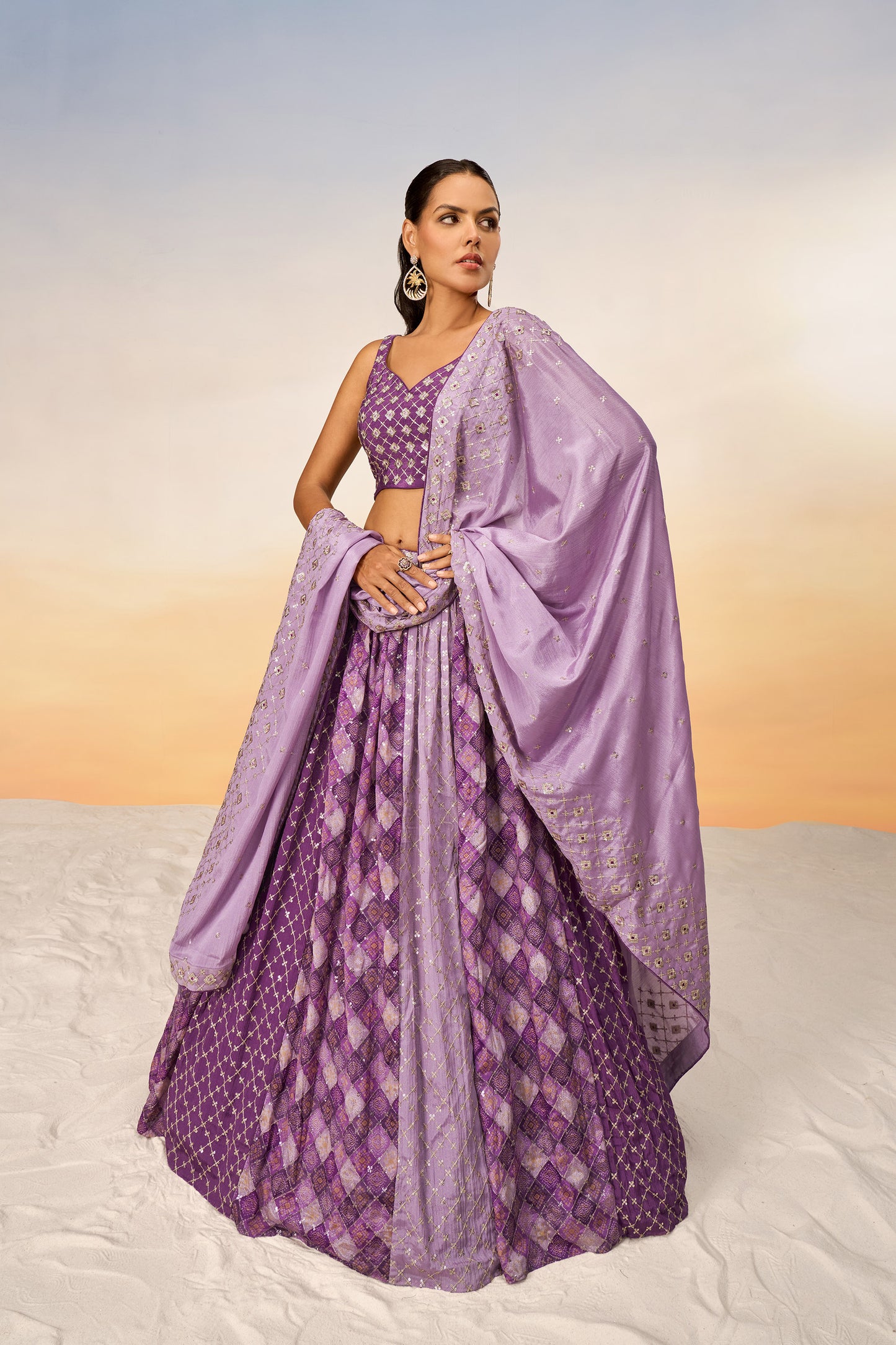 Lavender Pure Chiffon position print with Sequins embroidery Lehenga Choli