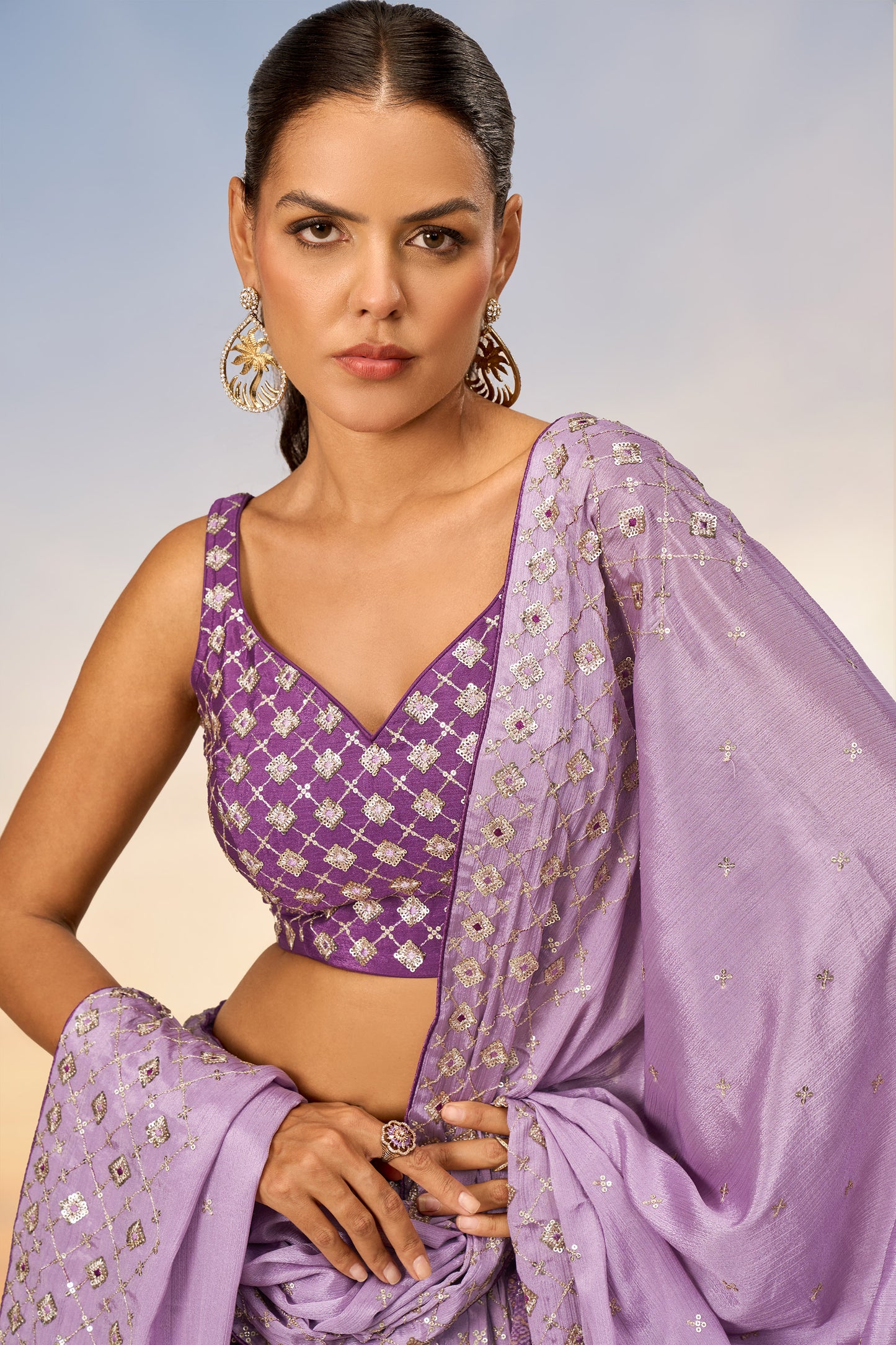 Lavender Pure Chiffon position print with Sequins embroidery Lehenga Choli