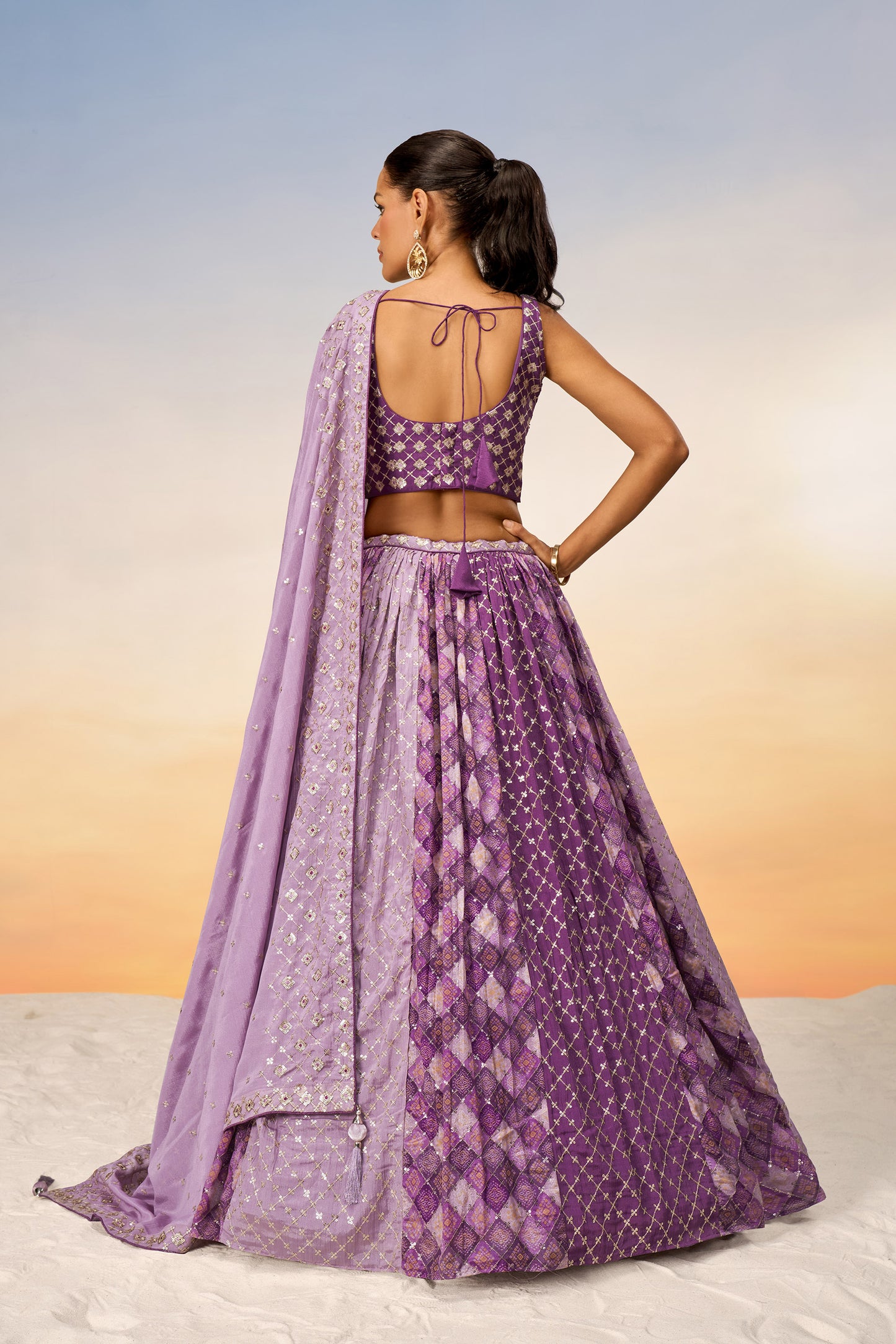 Lavender Pure Chiffon position print with Sequins embroidery Lehenga Choli