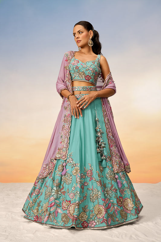 Turquoise blue Pure Georgette Mirror with Sequins embroidery Semi-Stitched Lehenga choli & Dupatta