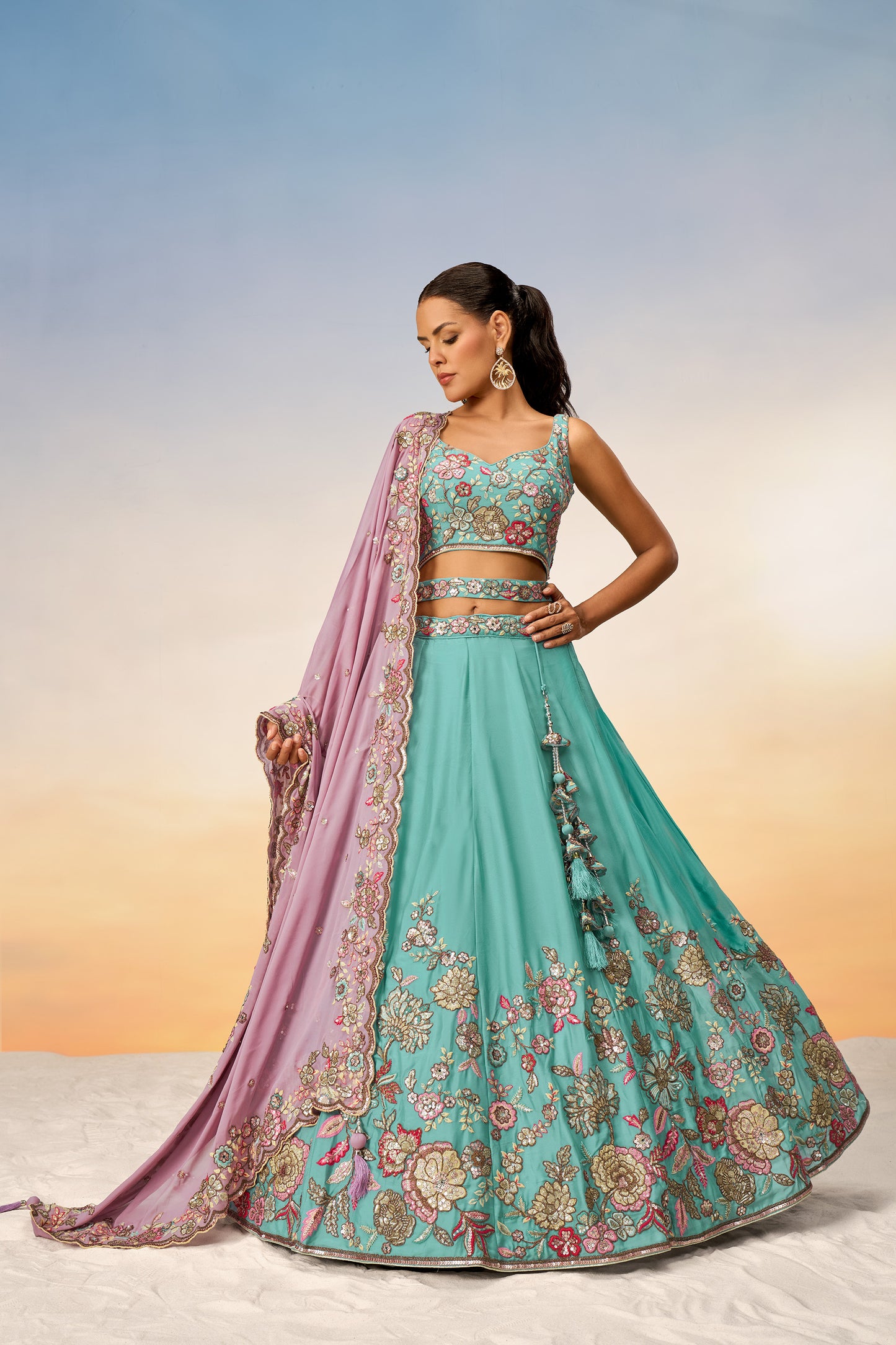 Turquoise blue Pure Georgette Mirror with Sequins embroidery Semi-Stitched Lehenga choli & Dupatta