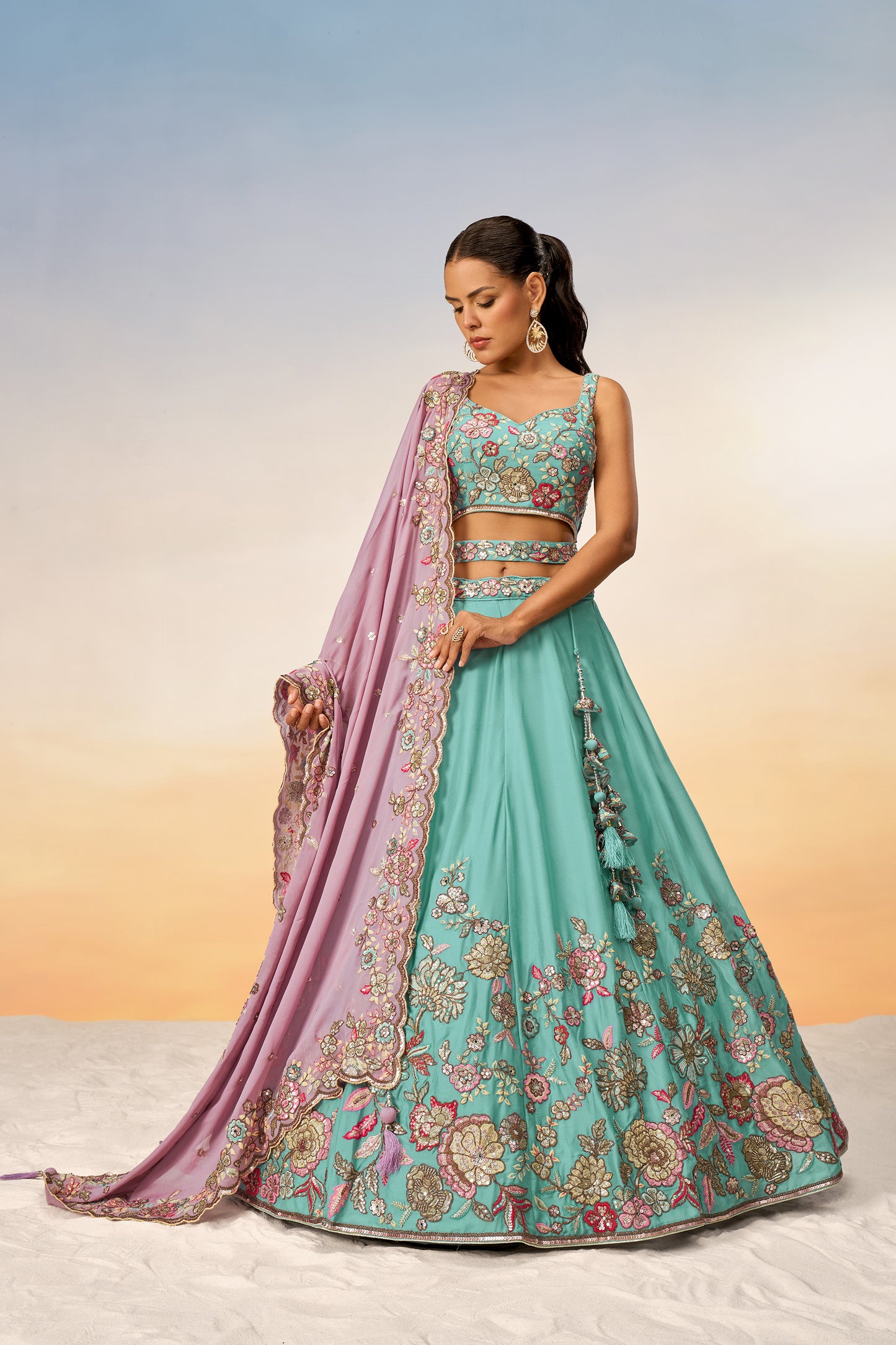 Turquoise blue Pure Georgette Mirror with Sequins embroidery Semi-Stitched Lehenga choli & Dupatta