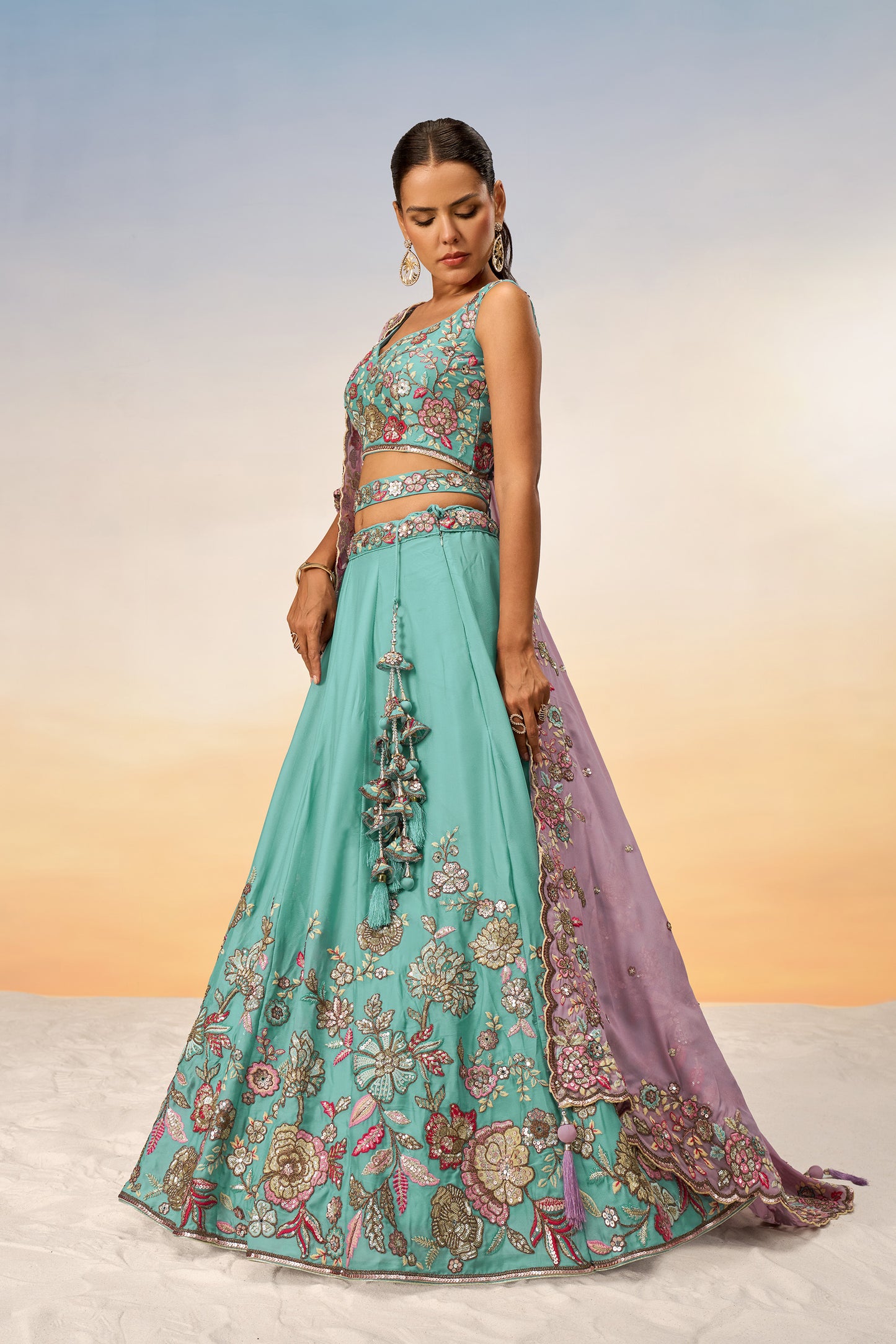 Turquoise blue Pure Georgette Mirror with Sequins embroidery Semi-Stitched Lehenga choli & Dupatta