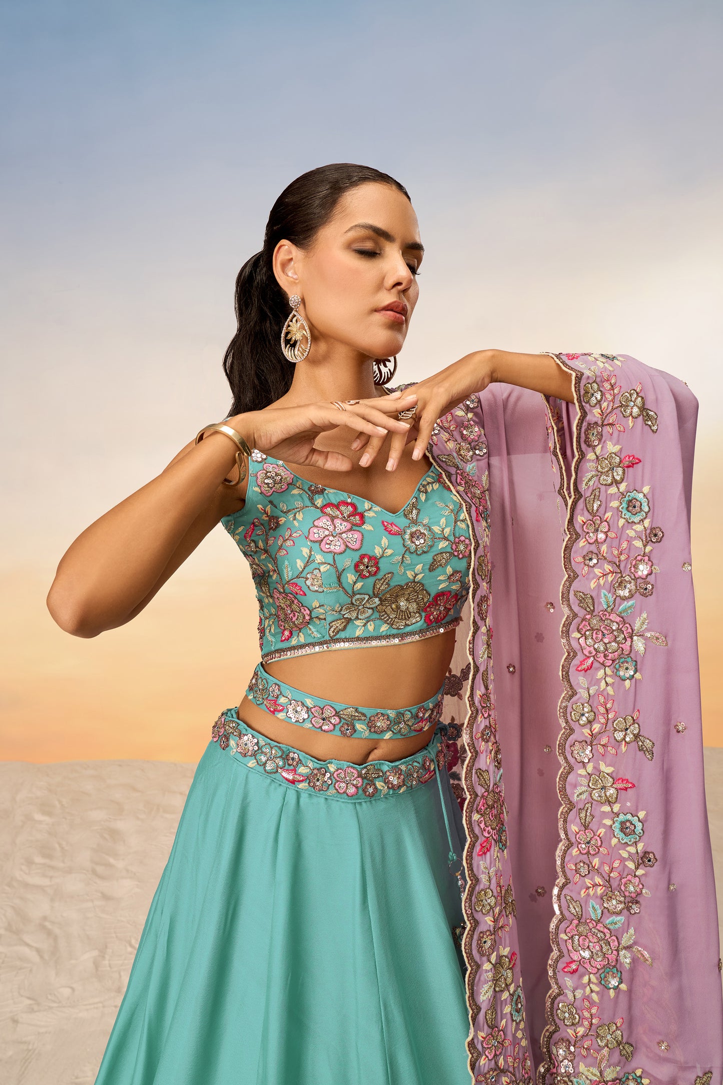 Turquoise blue Pure Georgette Mirror with Sequins embroidery Semi-Stitched Lehenga choli & Dupatta