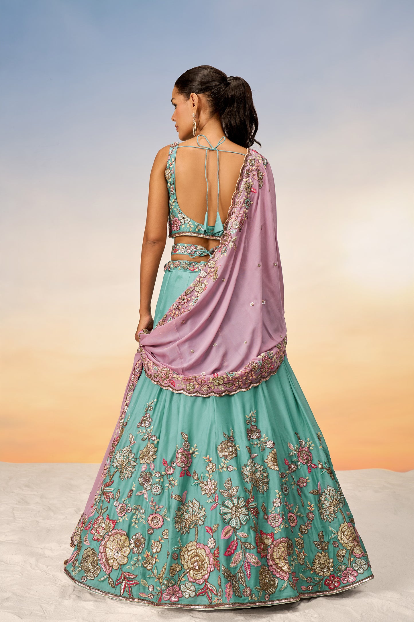 Turquoise blue Pure Georgette Mirror with Sequins embroidery Semi-Stitched Lehenga choli & Dupatta