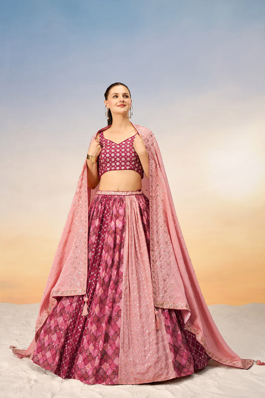 Pink Pure Chiffon position print with Sequins embroidery Lehenga Choli