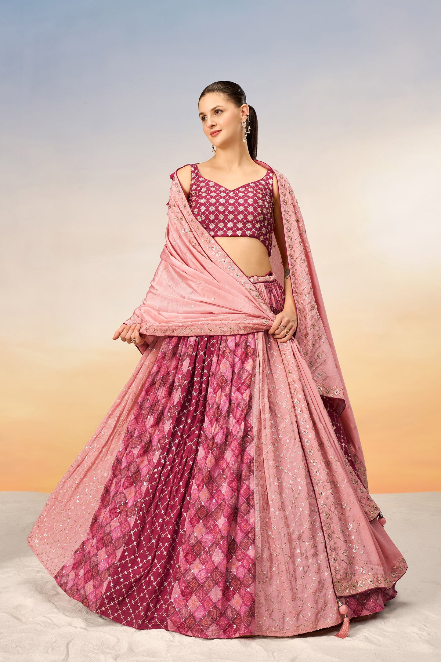 Pink Pure Chiffon position print with Sequins embroidery Lehenga Choli