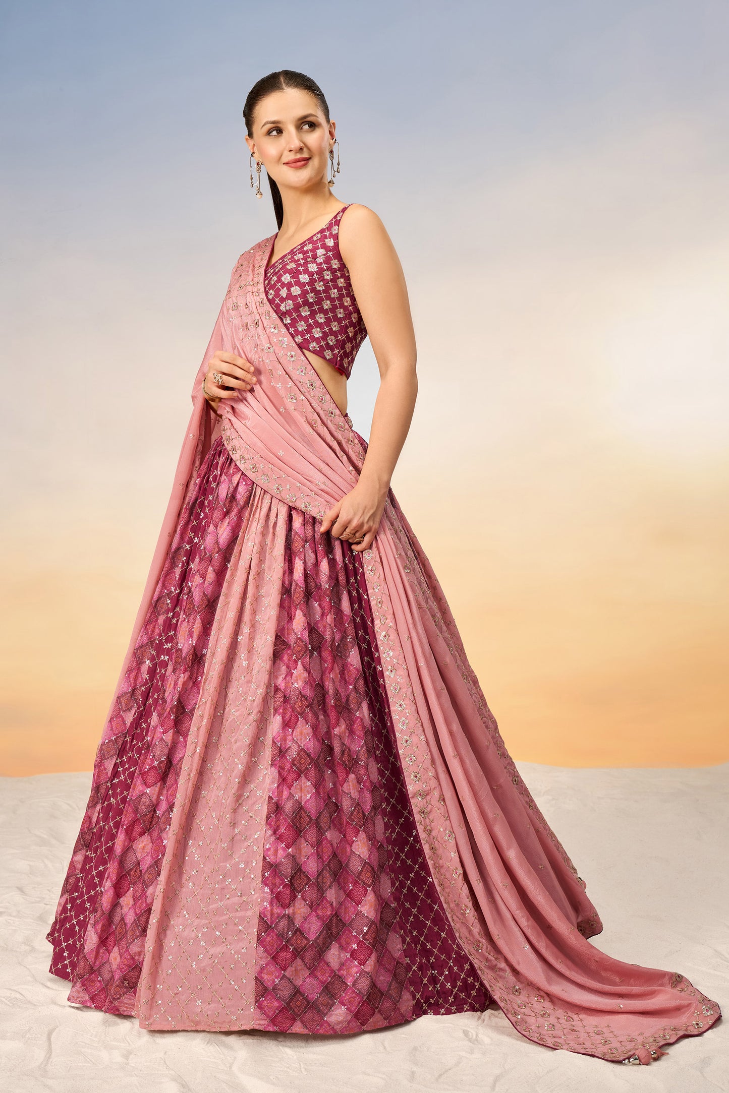 Pink Pure Chiffon position print with Sequins embroidery Lehenga Choli