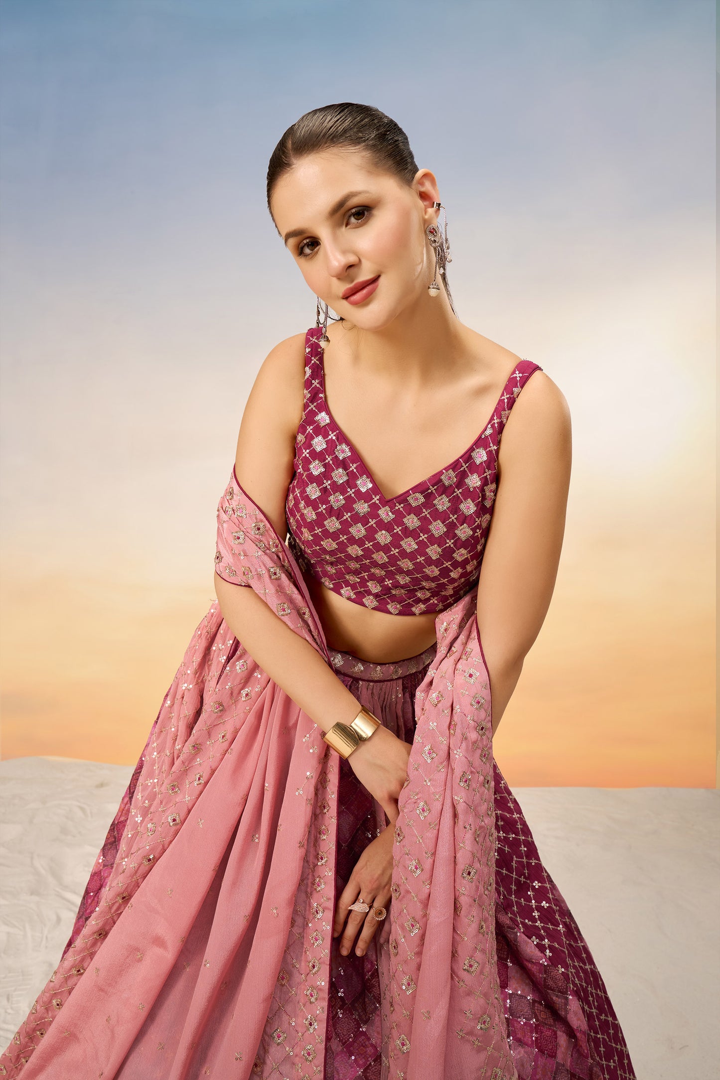 Pink Pure Chiffon position print with Sequins embroidery Lehenga Choli