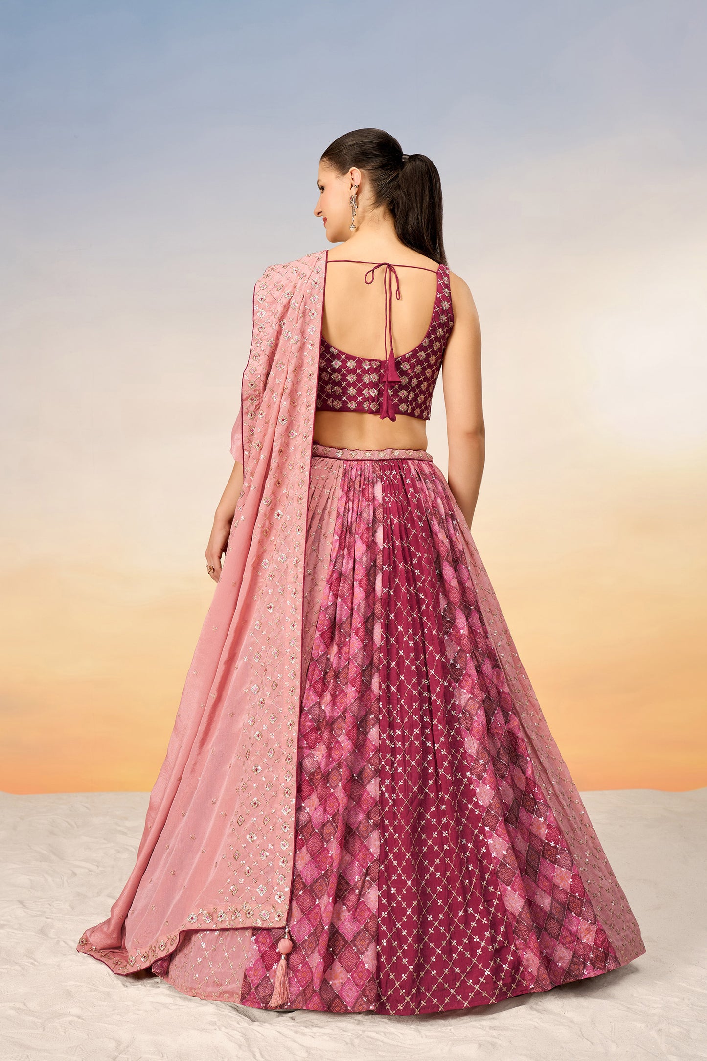 Pink Pure Chiffon position print with Sequins embroidery Lehenga Choli