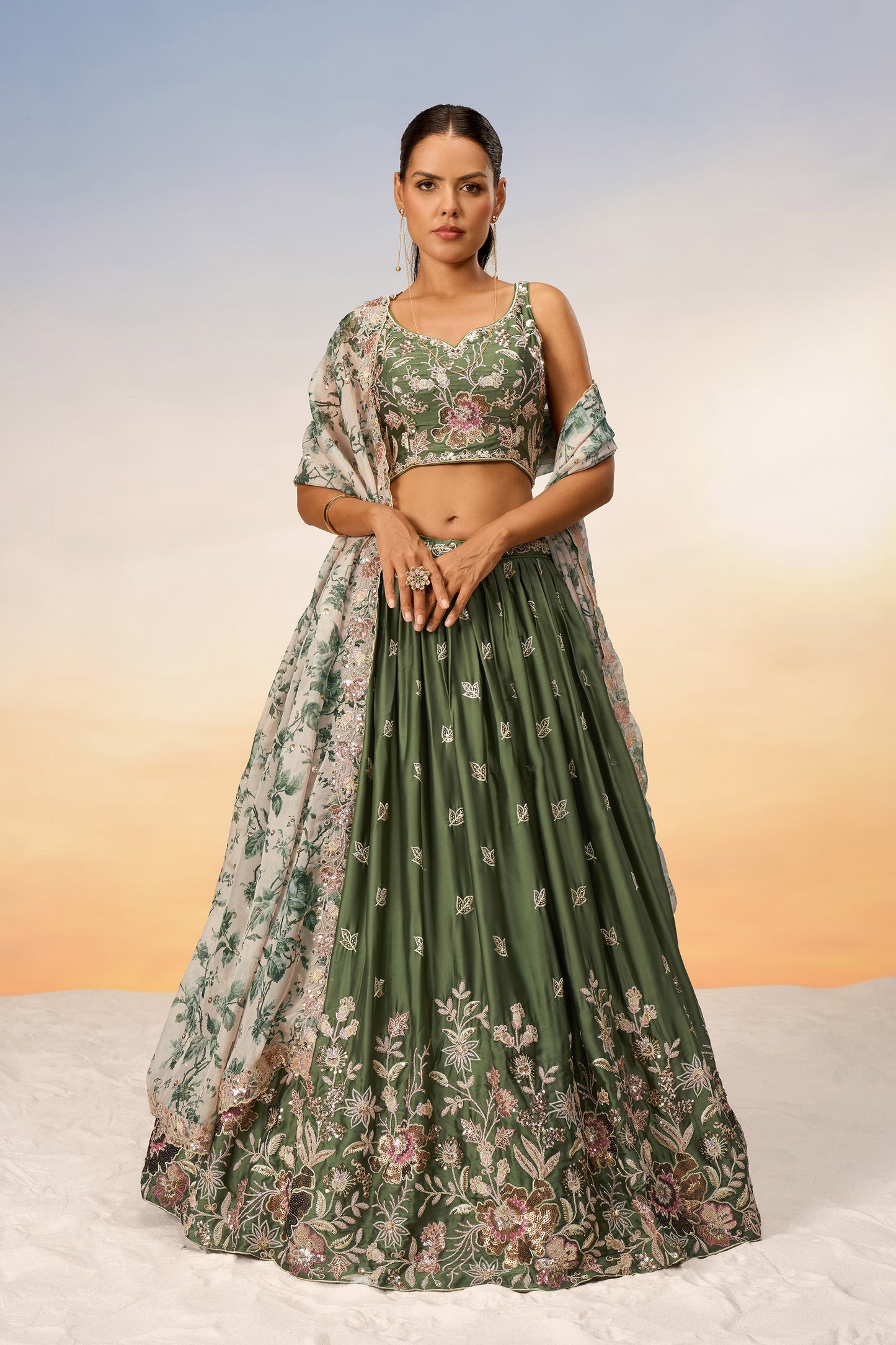 Olive Satin silk Sequins embroidery Lehenga Choli