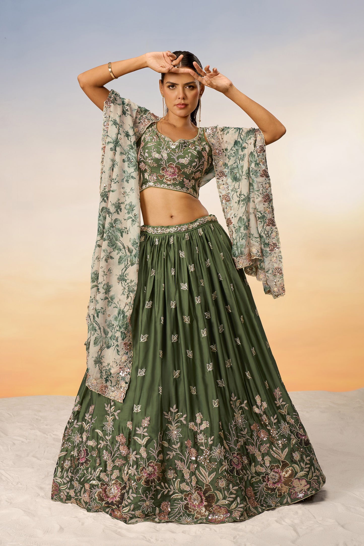 Olive Satin silk Sequins embroidery Lehenga Choli