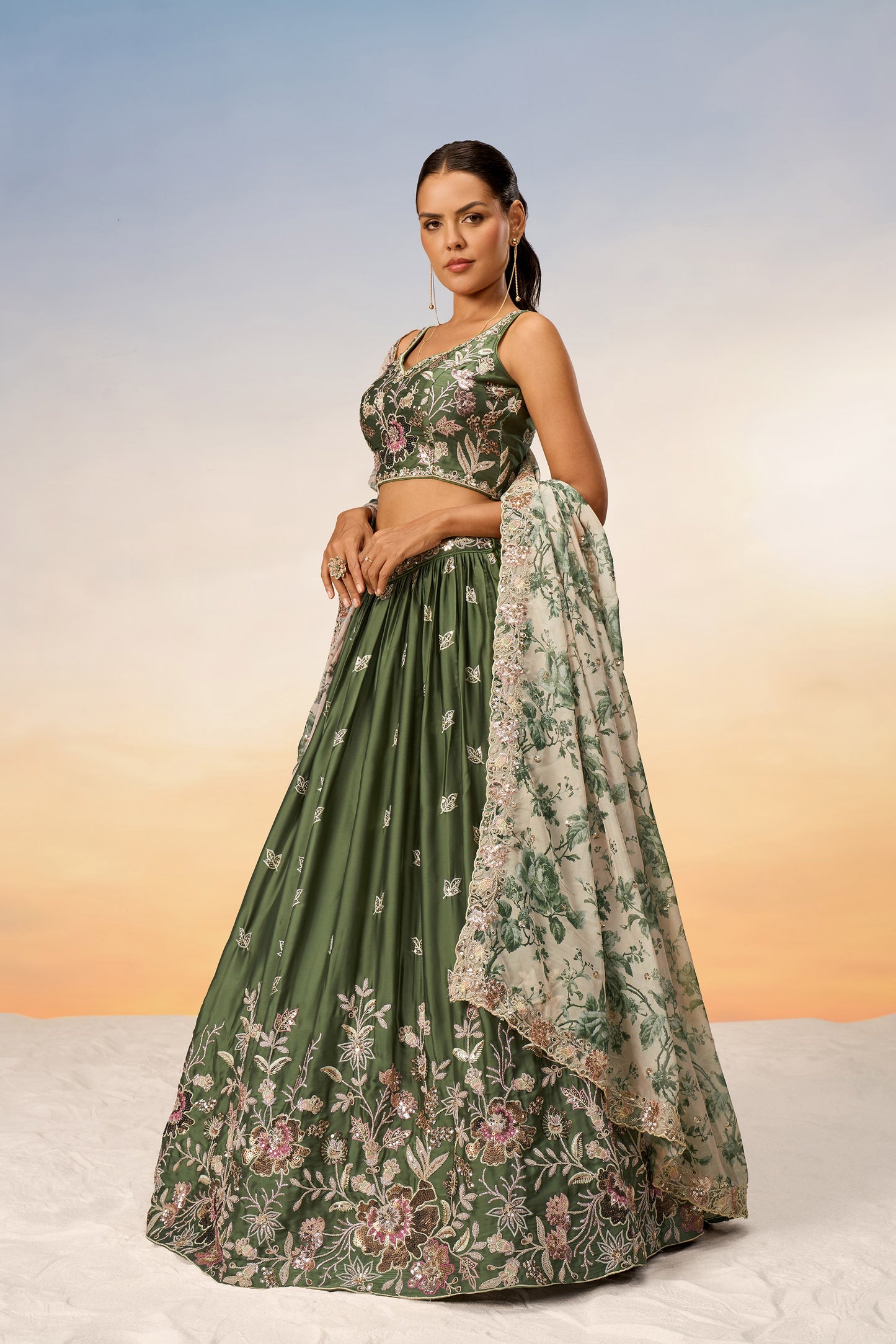 Olive Satin silk Sequins embroidery Lehenga Choli