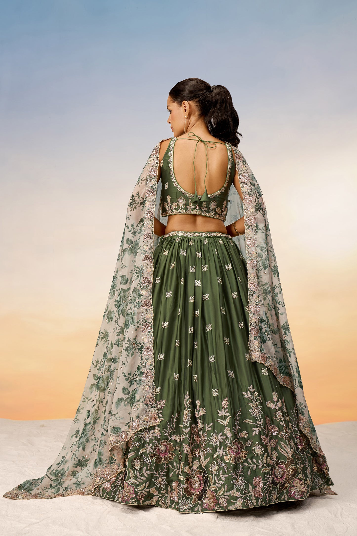 Olive Satin silk Sequins embroidery Lehenga Choli