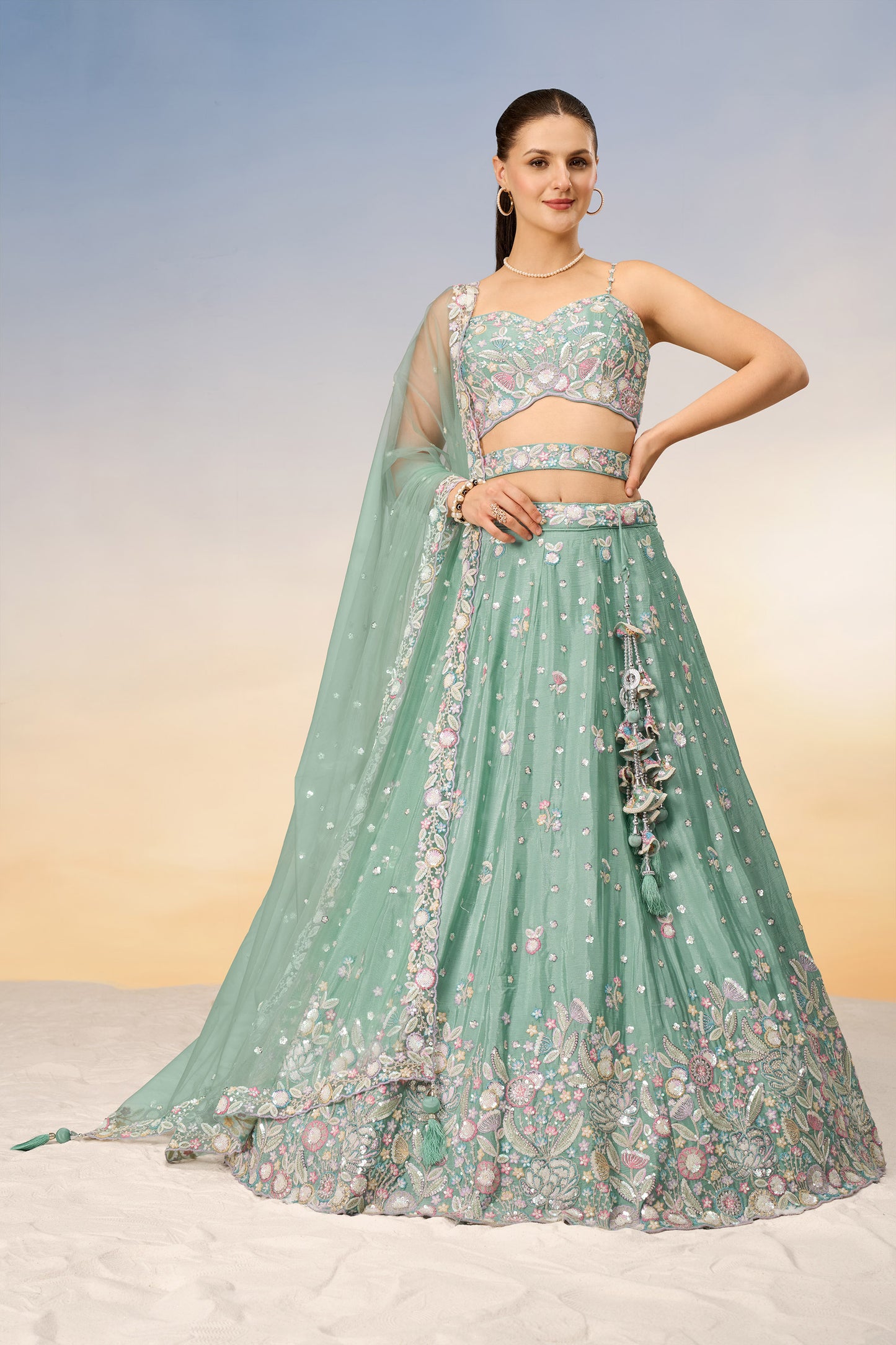 Sea green Chiffon Sequins and thread embroidery Lehenga Choli