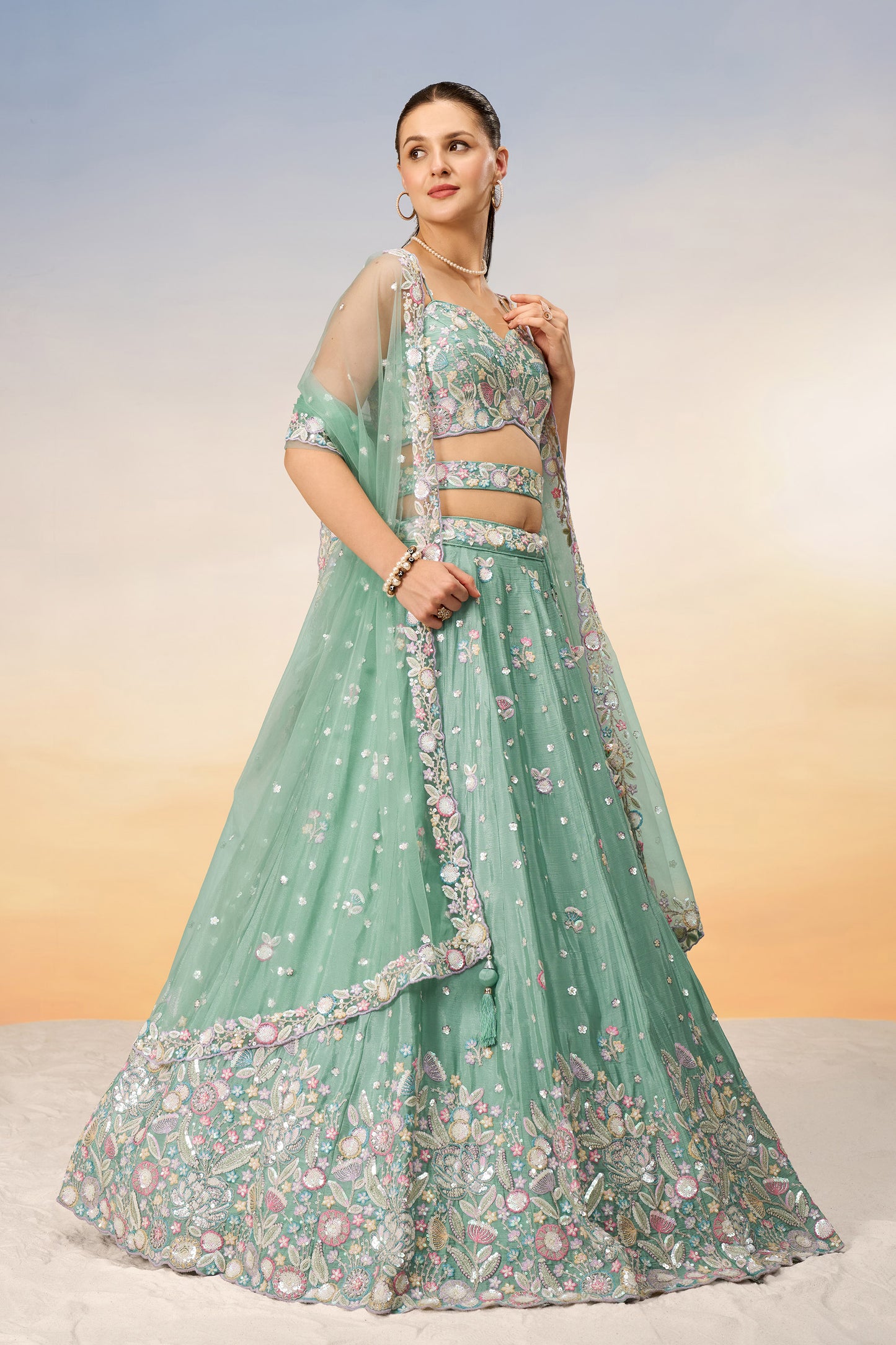 Sea green Chiffon Sequins and thread embroidery Lehenga Choli