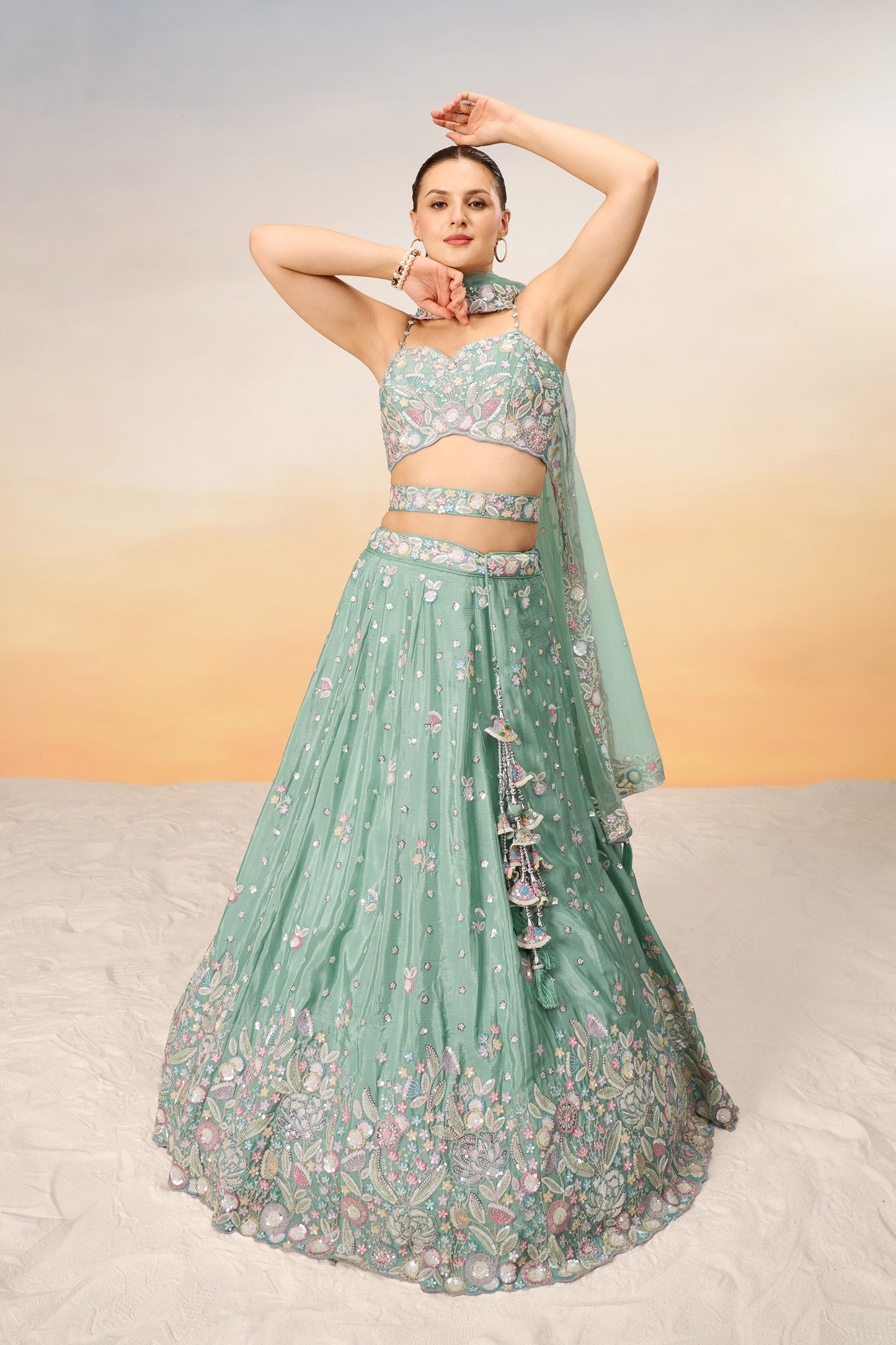 Sea green Chiffon Sequins and thread embroidery Lehenga Choli