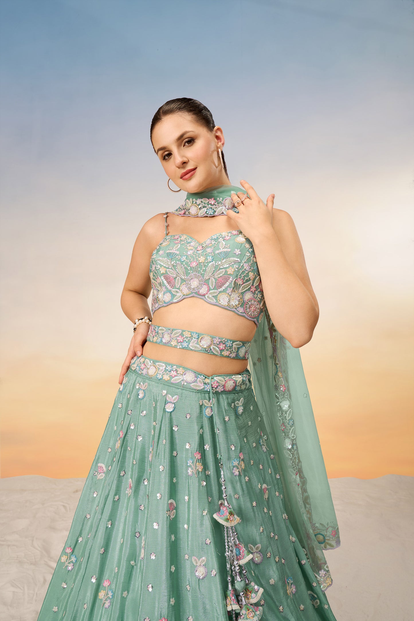 Sea green Chiffon Sequins and thread embroidery Lehenga Choli