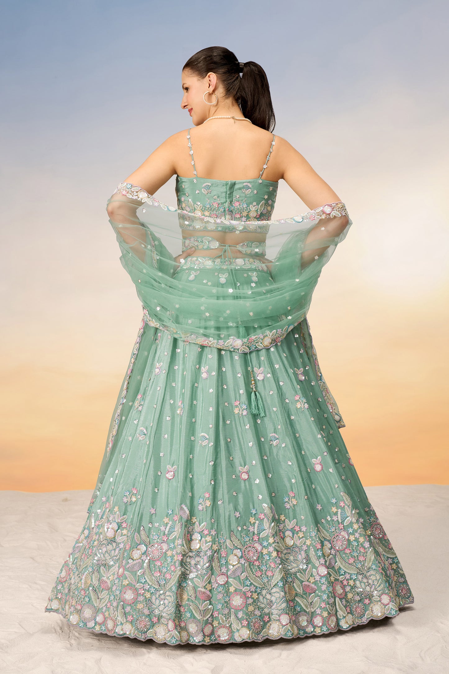 Sea green Chiffon Sequins and thread embroidery Lehenga Choli