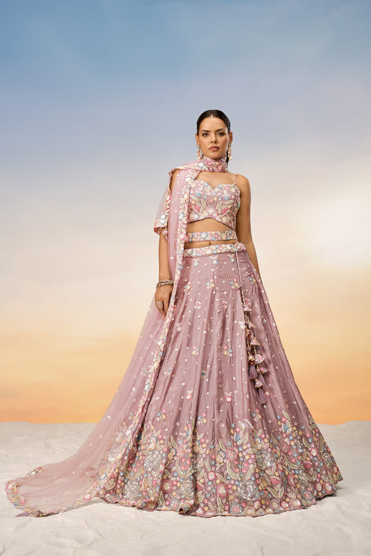 Rose gold Chiffon Sequins and thread embroidery Lehenga Choli