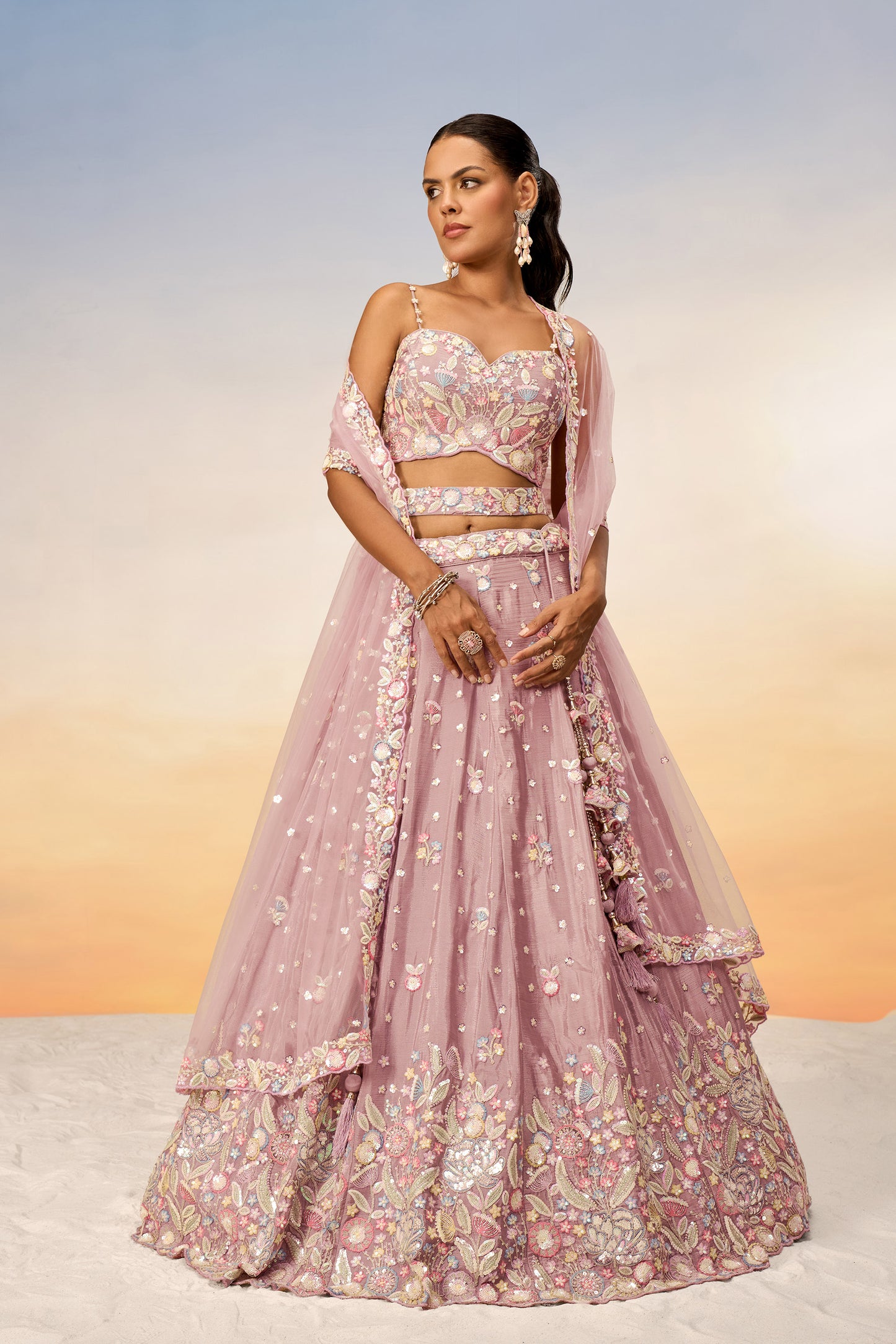 Rose gold Chiffon Sequins and thread embroidery Lehenga Choli