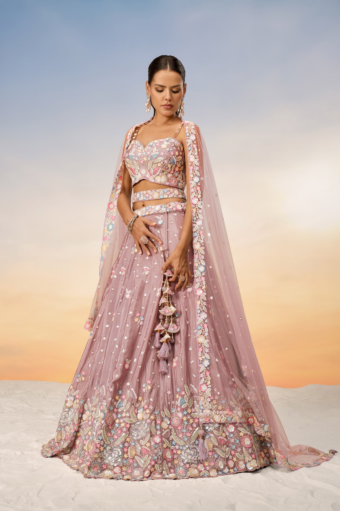 Rose gold Chiffon Sequins and thread embroidery Lehenga Choli