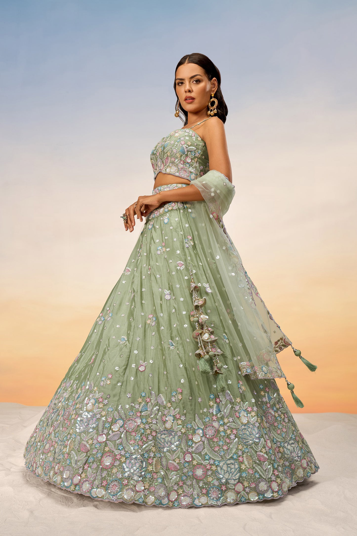 Lime green Chiffon Sequins and thread embroidery Lehenga Choli