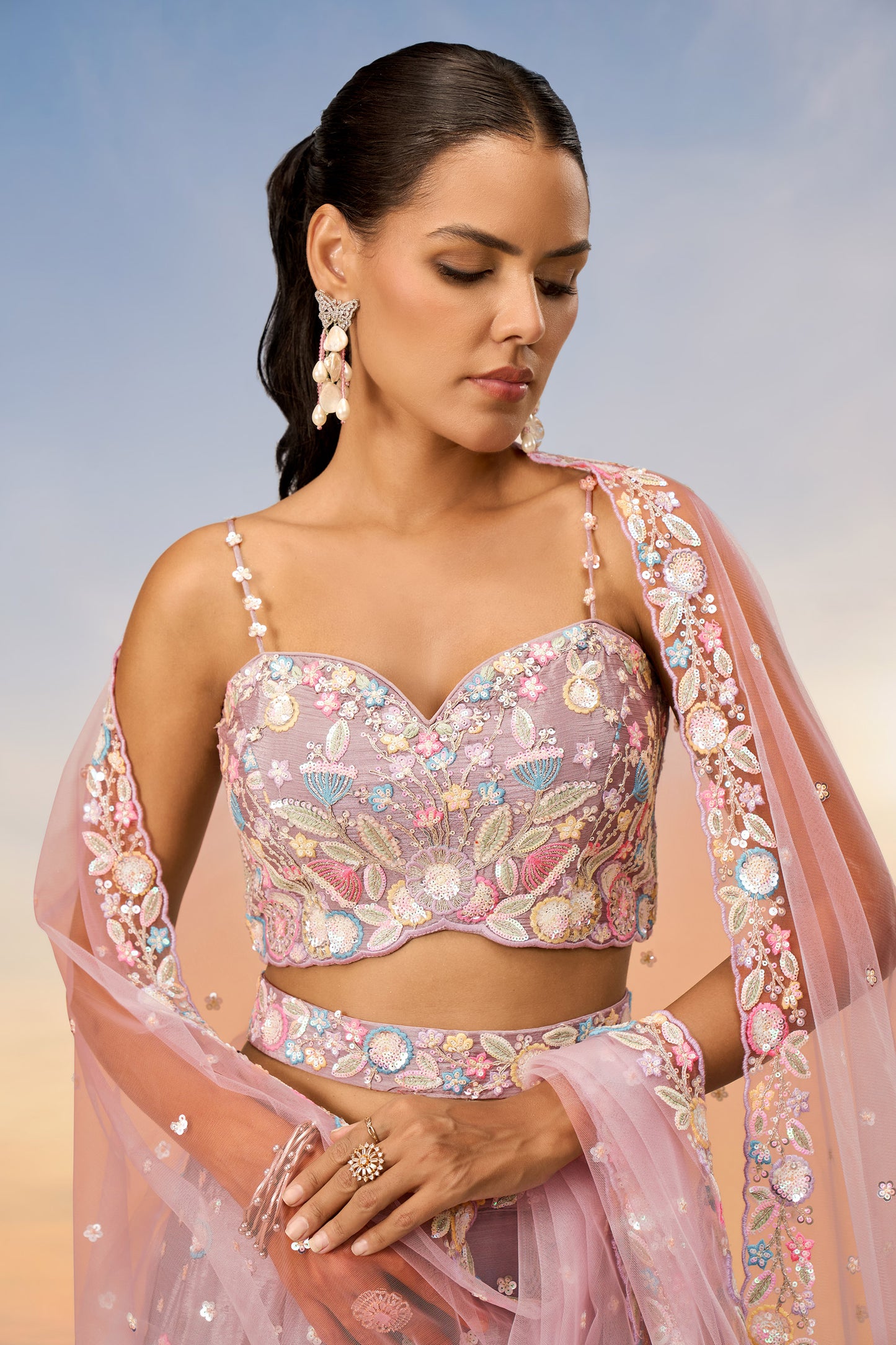 Rose gold Chiffon Sequins and thread embroidery Lehenga Choli