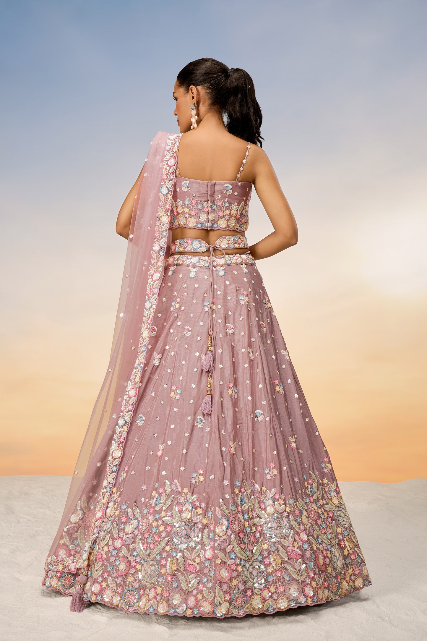 Rose gold Chiffon Sequins and thread embroidery Lehenga Choli