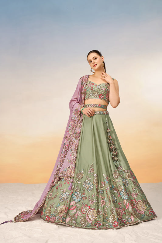 Lime Green Pure Georgette Mirror with Sequins embroidery Semi-Stitched Lehenga choli & Dupatta