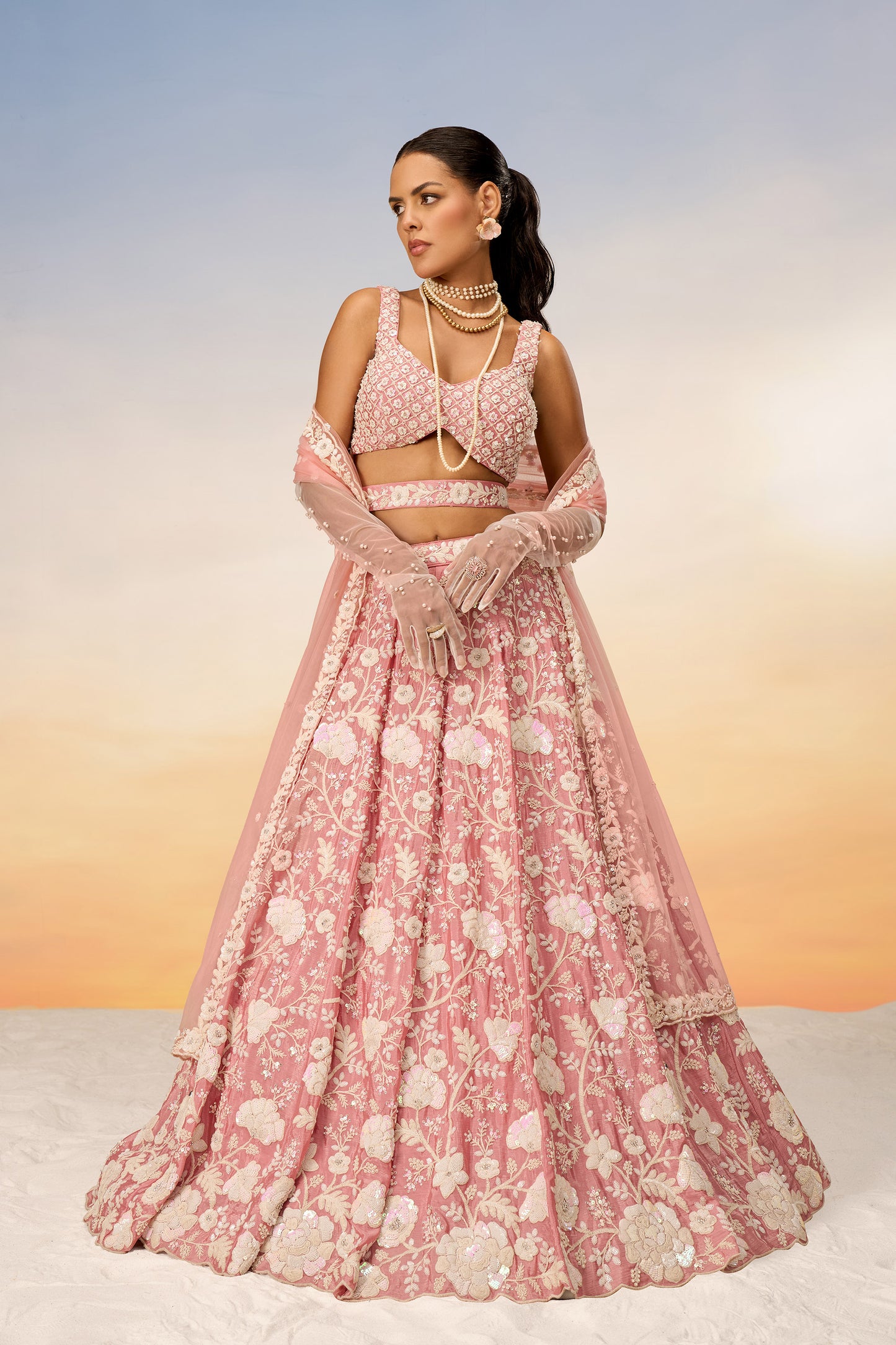 Rose Gold Chinon Sequins and Zarkan embroidery Lehenga