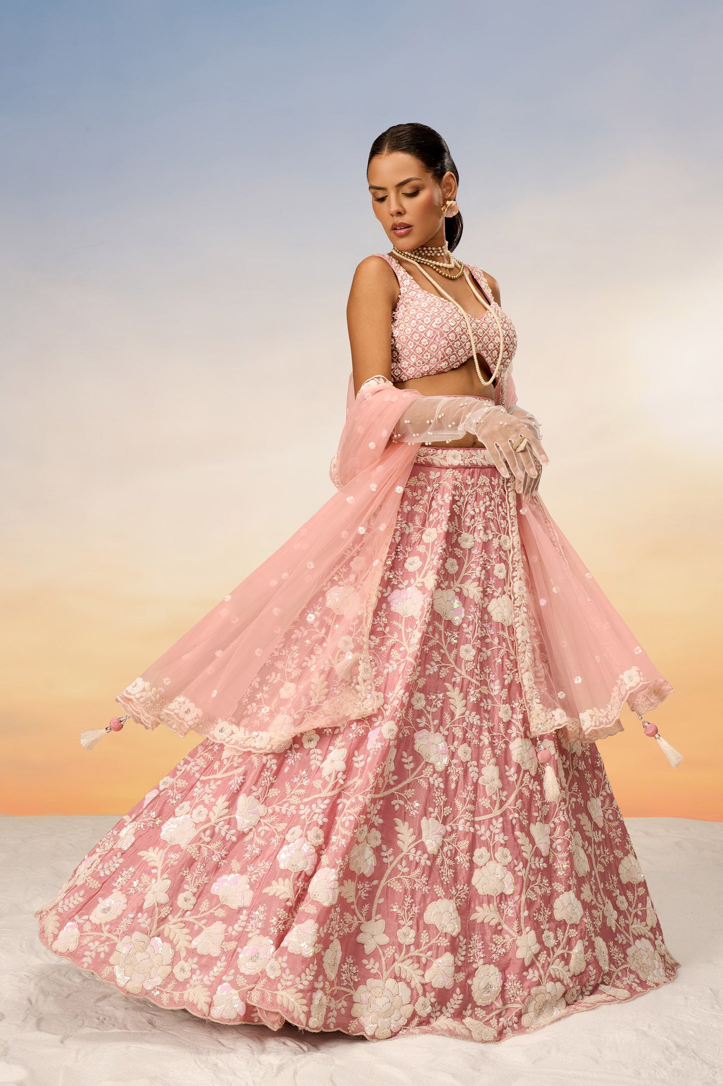 Rose Gold Chinon Sequins and Zarkan embroidery Lehenga