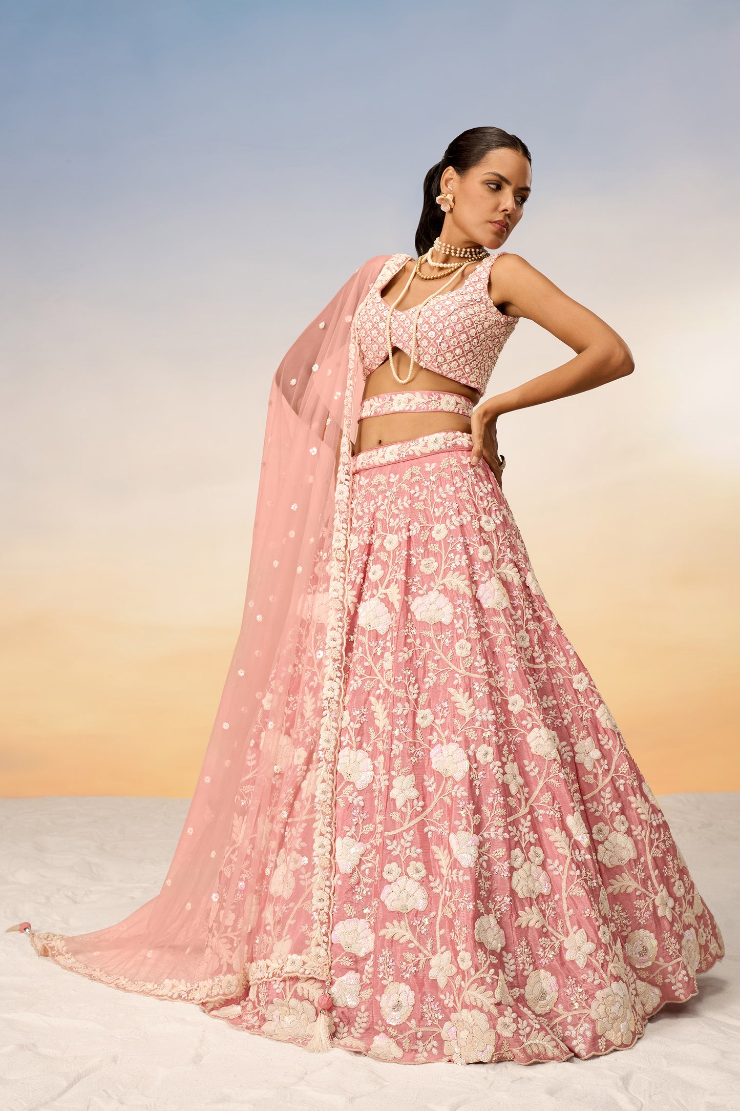 Rose Gold Chinon Sequins and Zarkan embroidery Lehenga