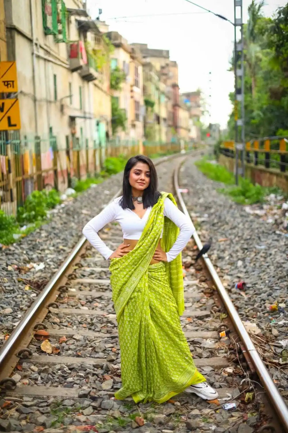 Handloom Parrot Green White Floral Block Print Saree