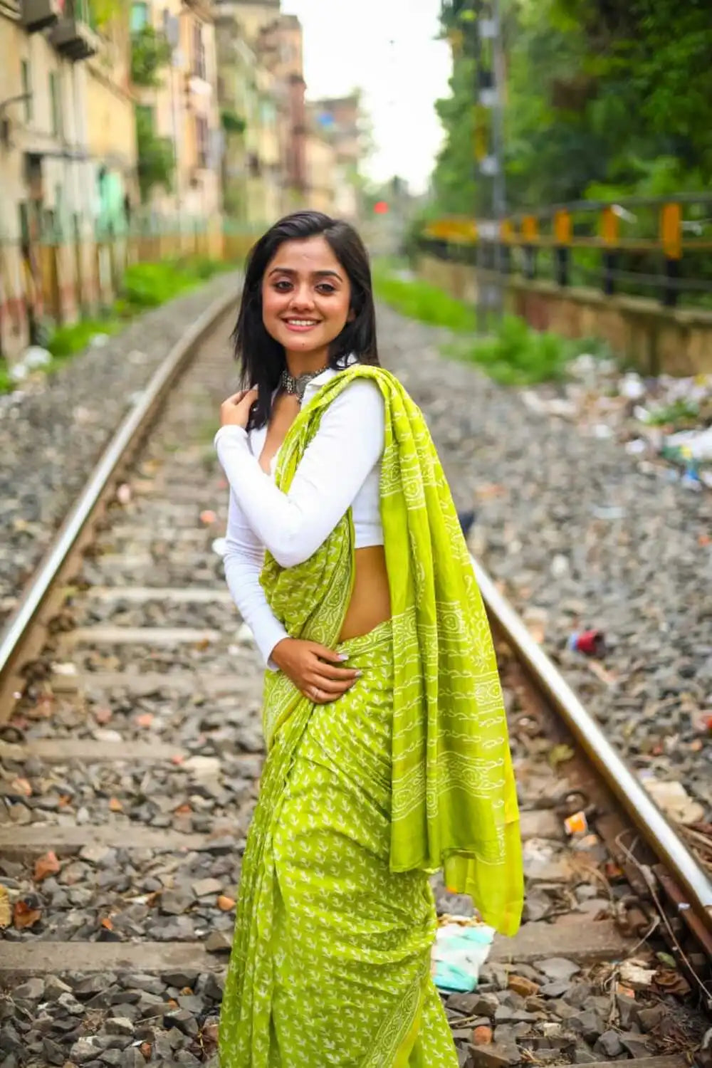 Handloom Parrot Green White Floral Block Print Saree