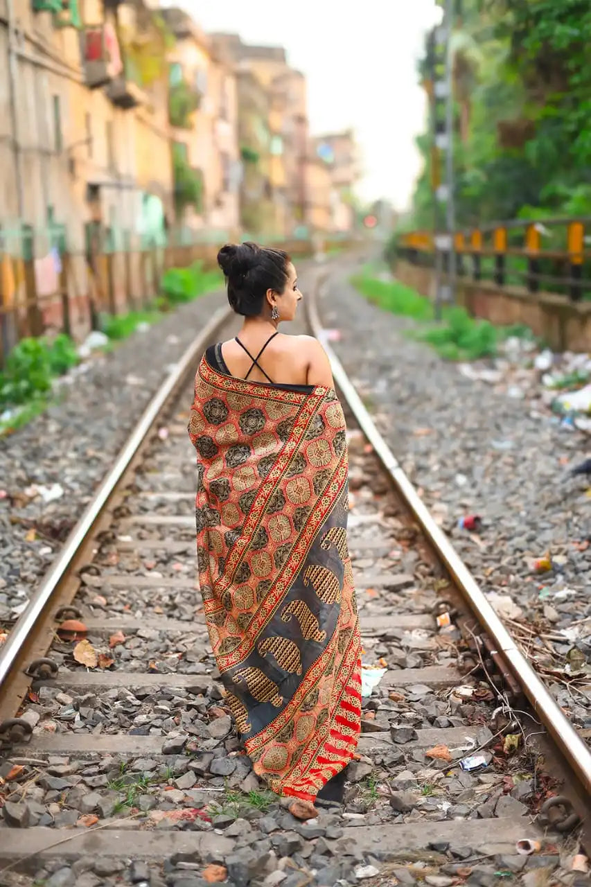 Handloom Red & Black Floral Block Print Saree