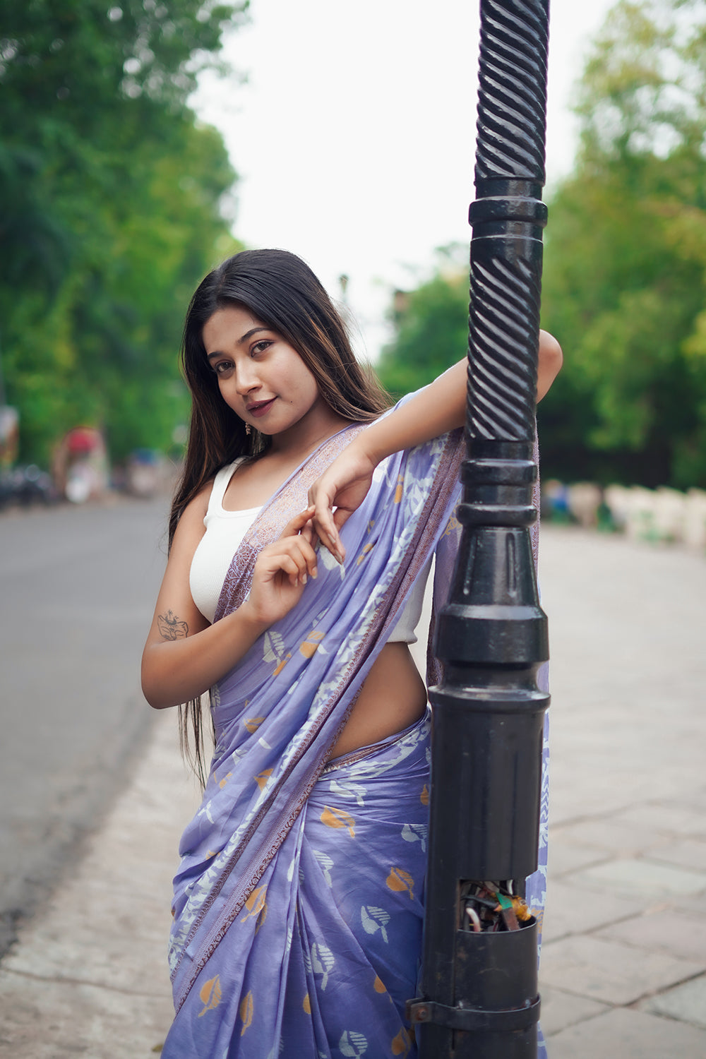 Handloom Lavender Purple Modal Cotton Hand Block Print Saree