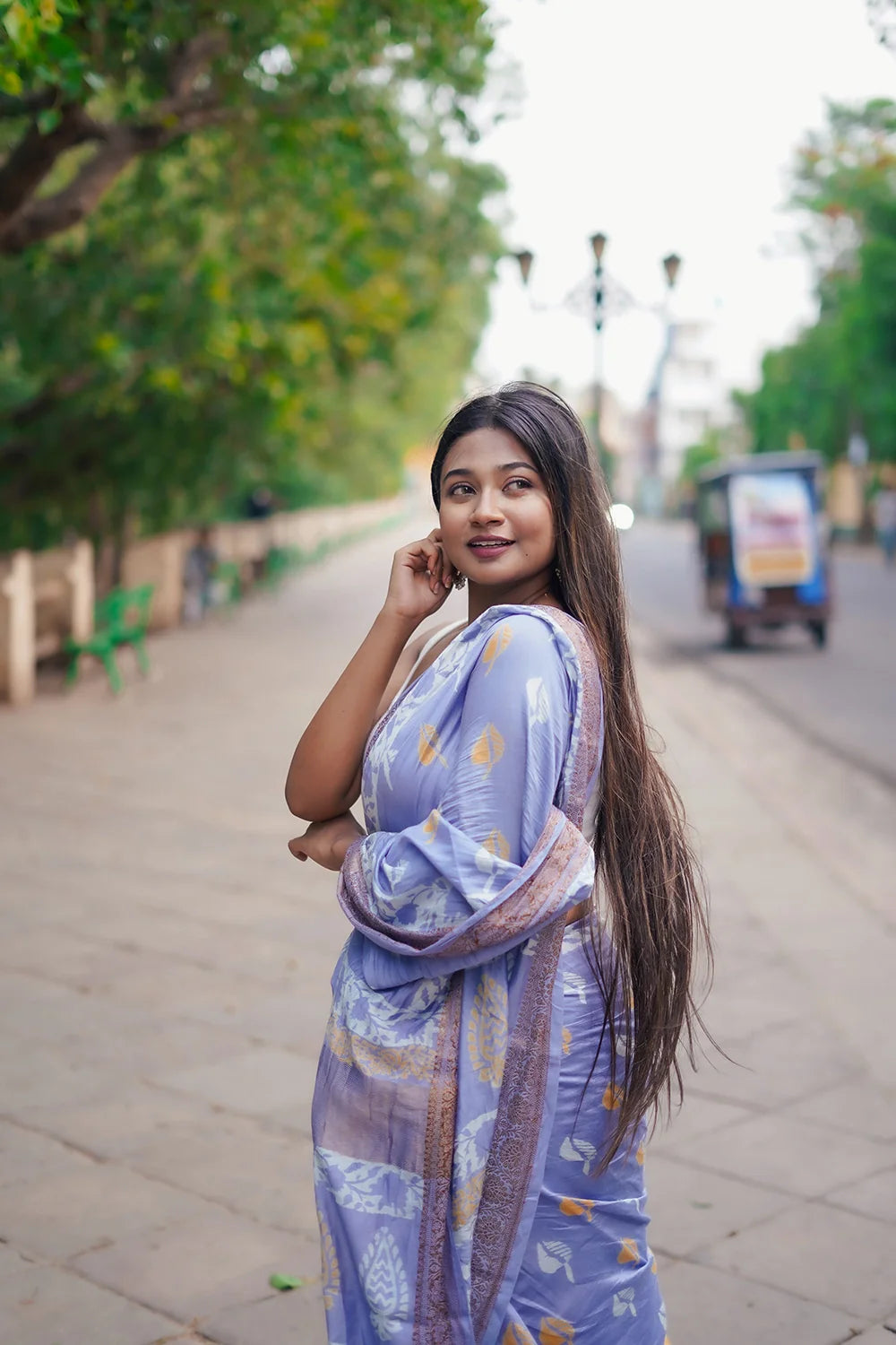 Handloom Lavender Purple Modal Cotton Hand Block Print Saree