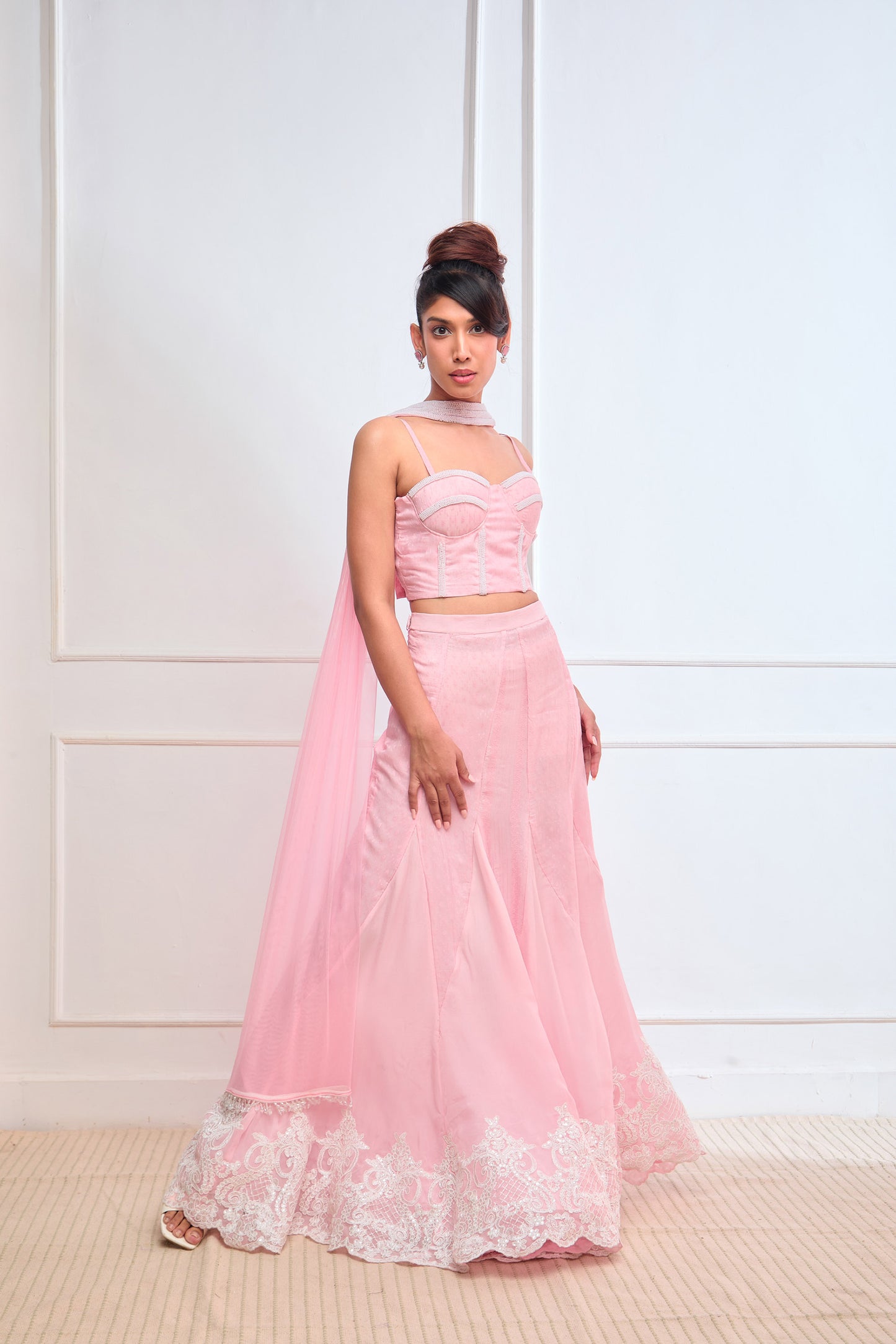 Pink Organza jamdani corset blouse and Godet lehenga set