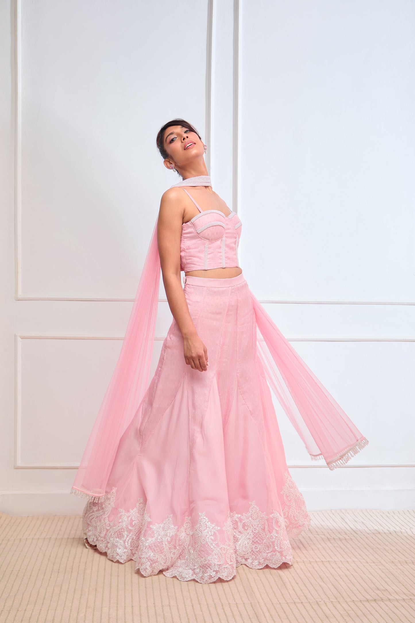 Pink Organza jamdani corset blouse and Godet lehenga set