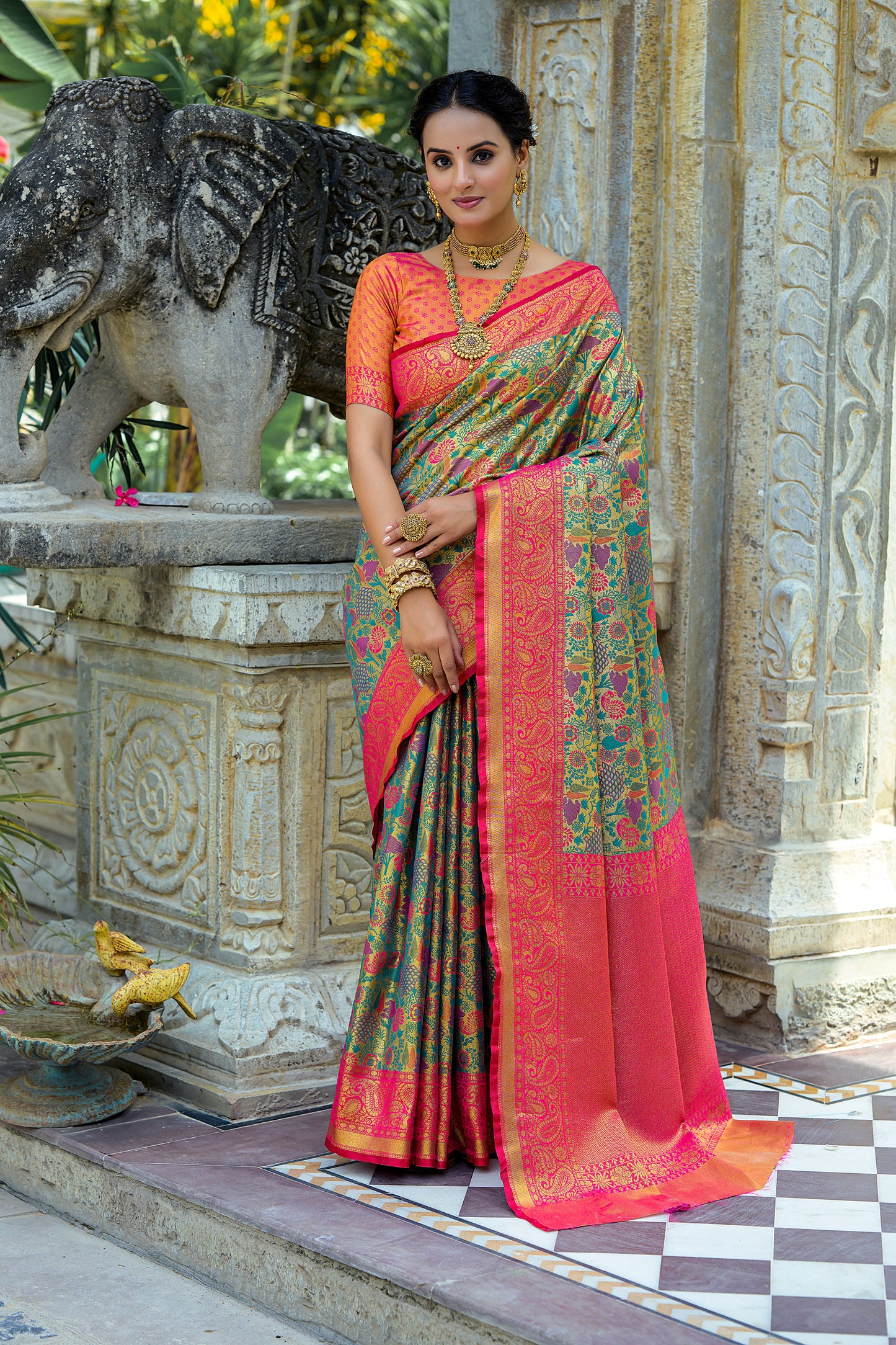 Rani Pink Kanjivaram Zari Woven Artisan saree