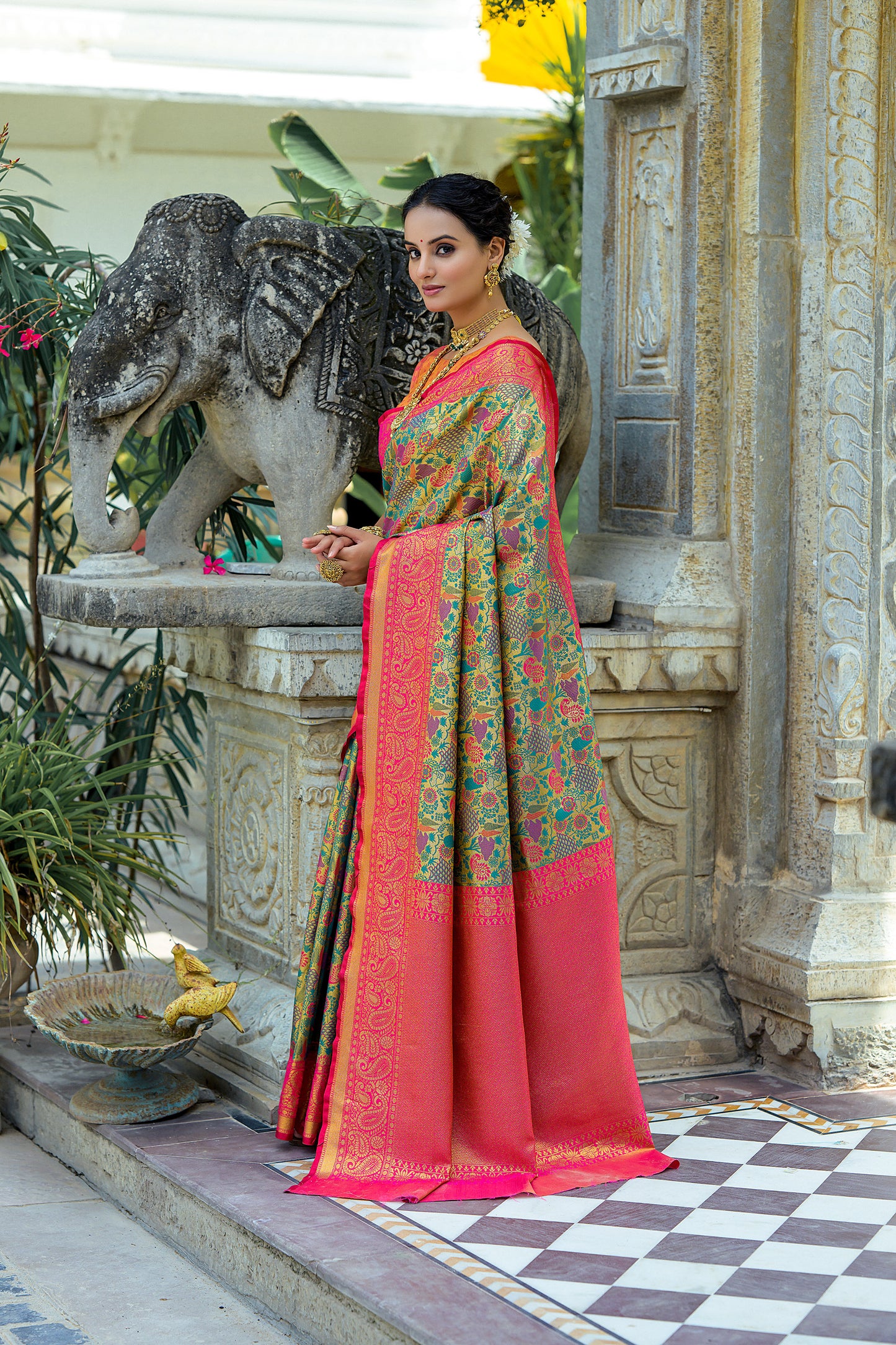 Rani Pink Kanjivaram Zari Woven Artisan saree