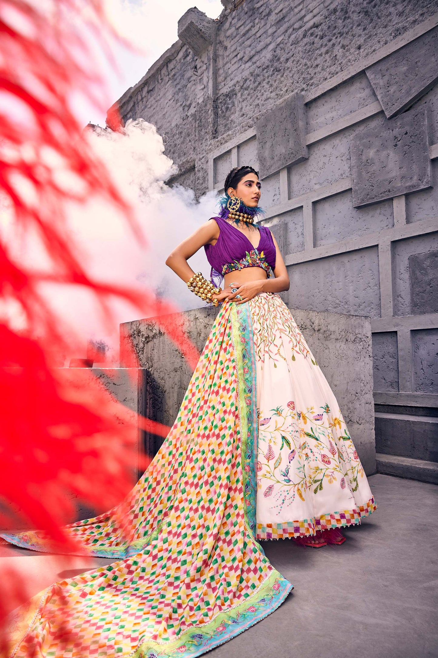 Multi-colored Floral Skirt with Embellished Sequins Top & Dupatta